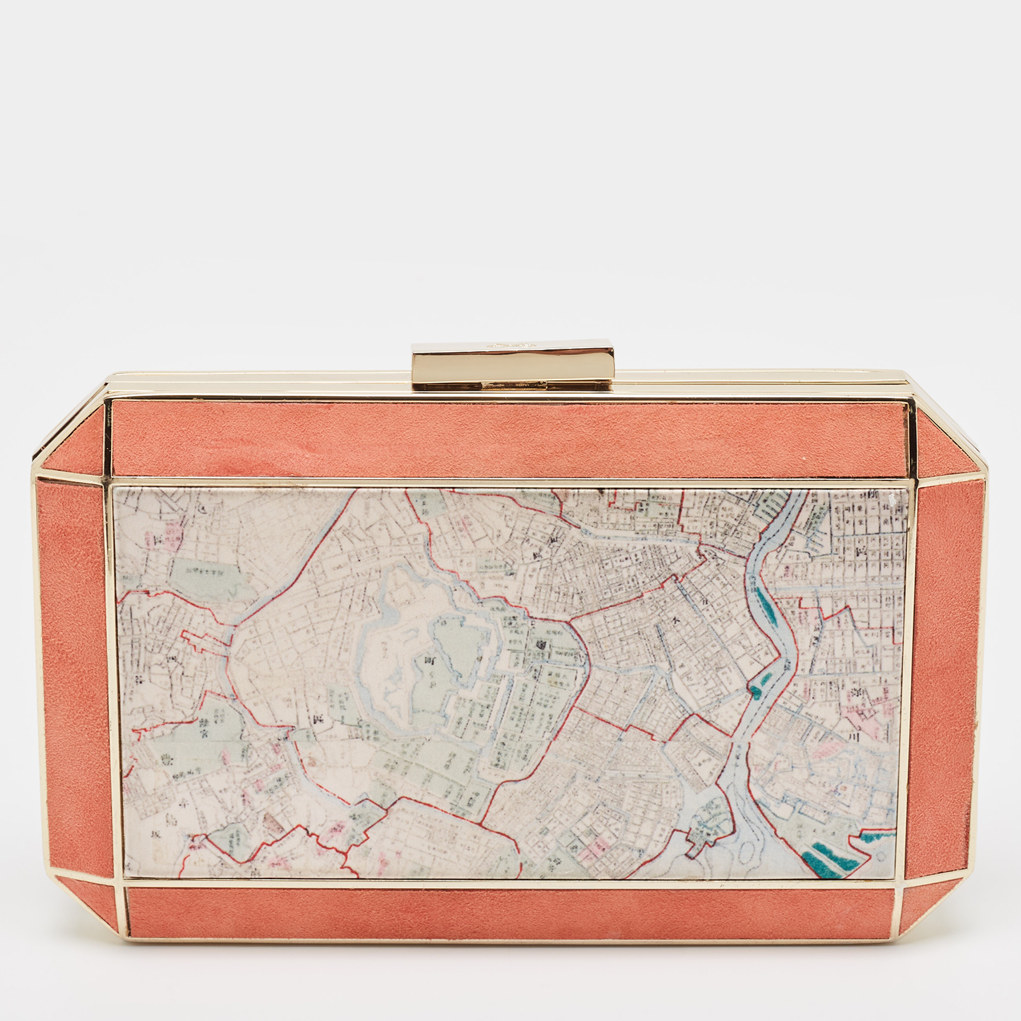 Anya Hindmarch Coral Orange Map Fabric And Suede Duke Box Clutch