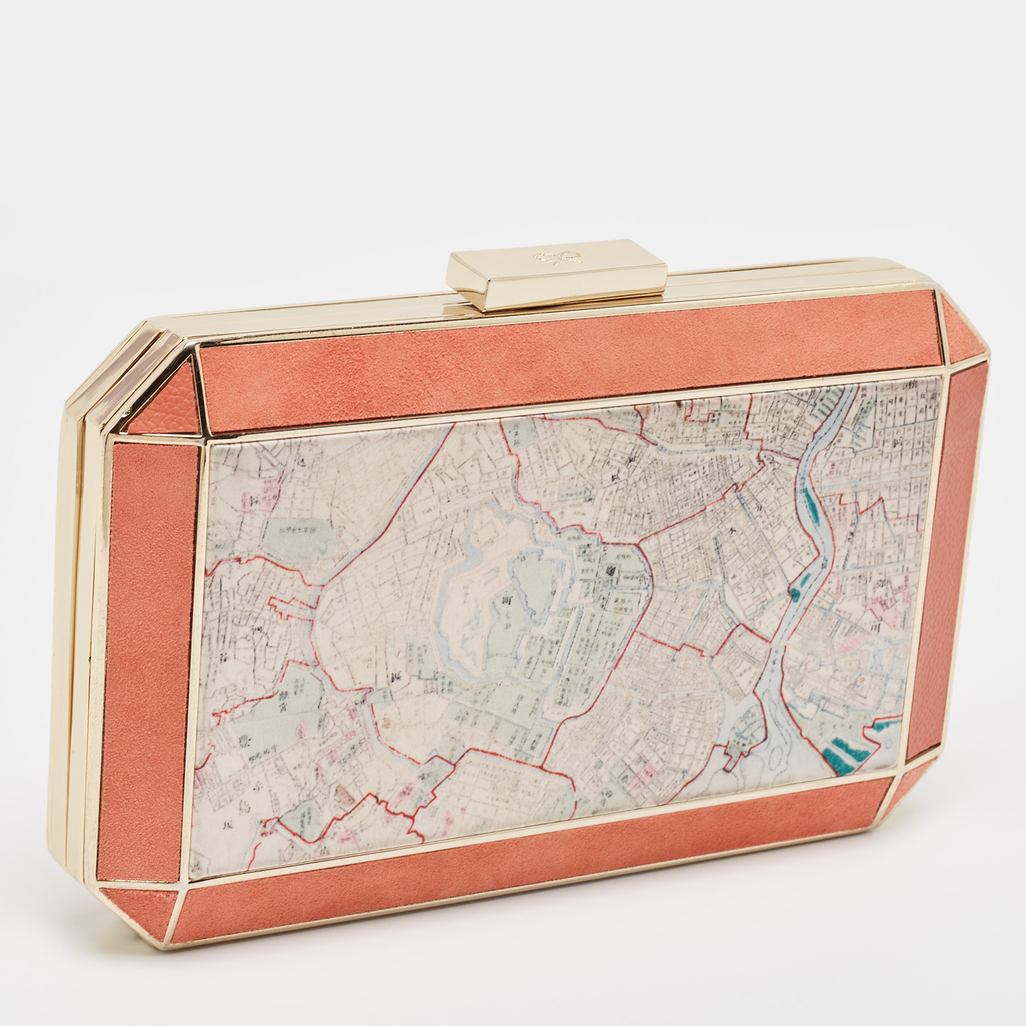 Anya Hindmarch Coral Orange Map Fabric And Suede Duke Box Clutch