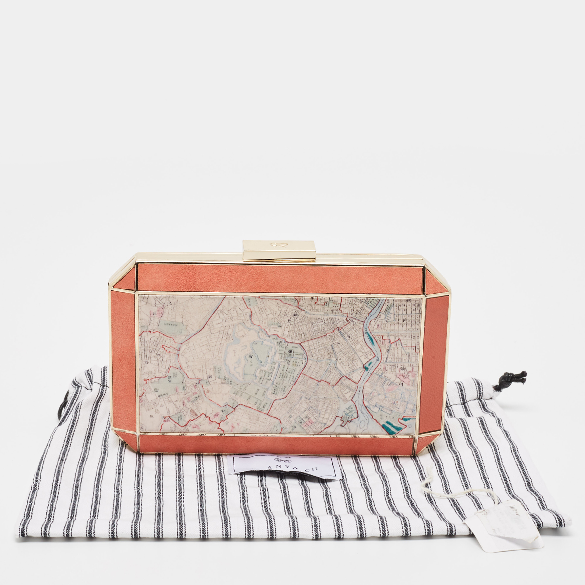 Anya Hindmarch Coral Orange Map Fabric And Suede Duke Box Clutch