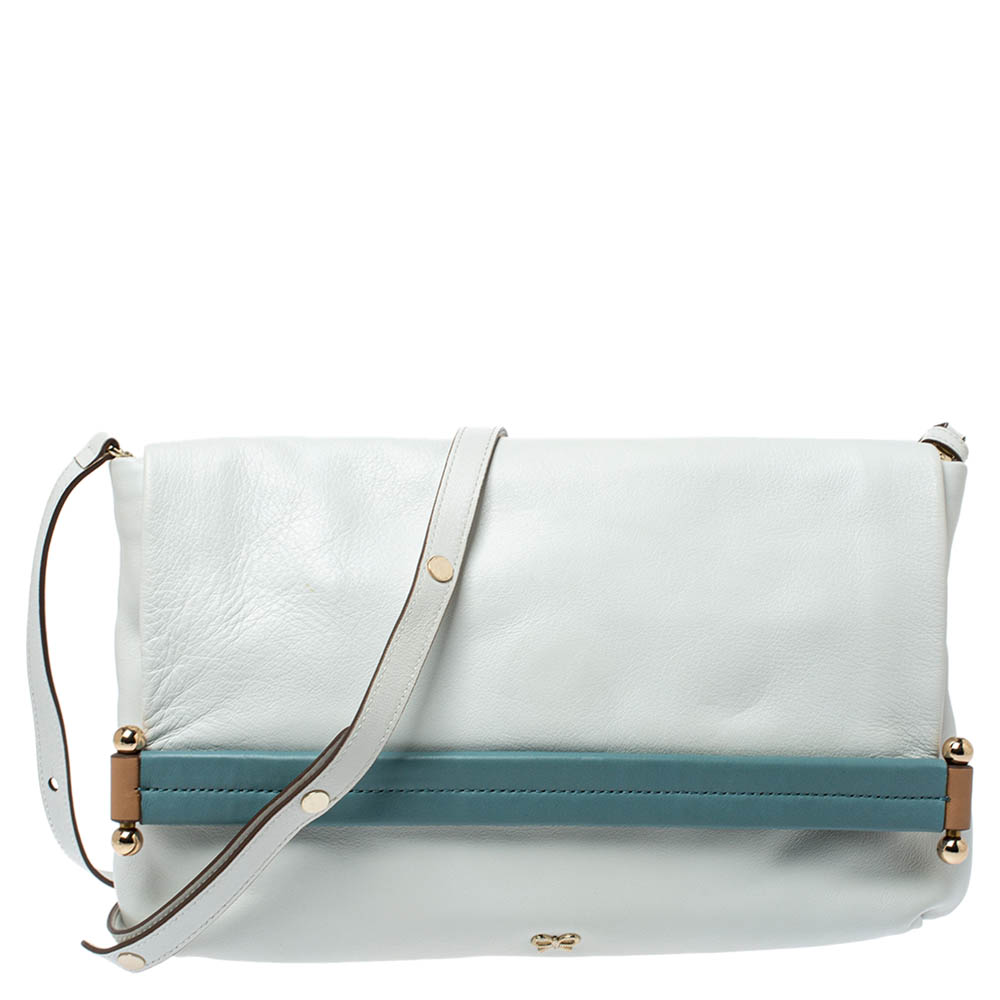 Image of Anya Hindmarch White/Blue Leather Flap Shoulder Bag