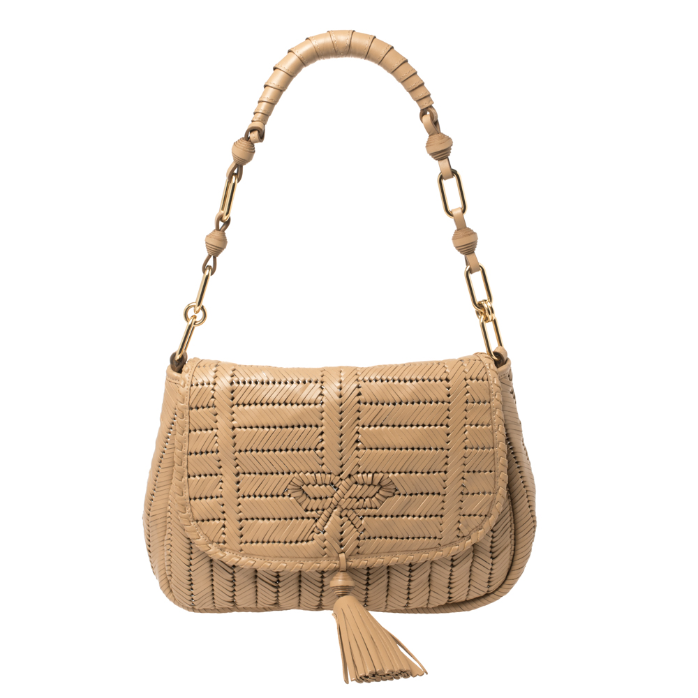 Image of Anya Hindmarch Beige Woven Leather Shoulder Bag