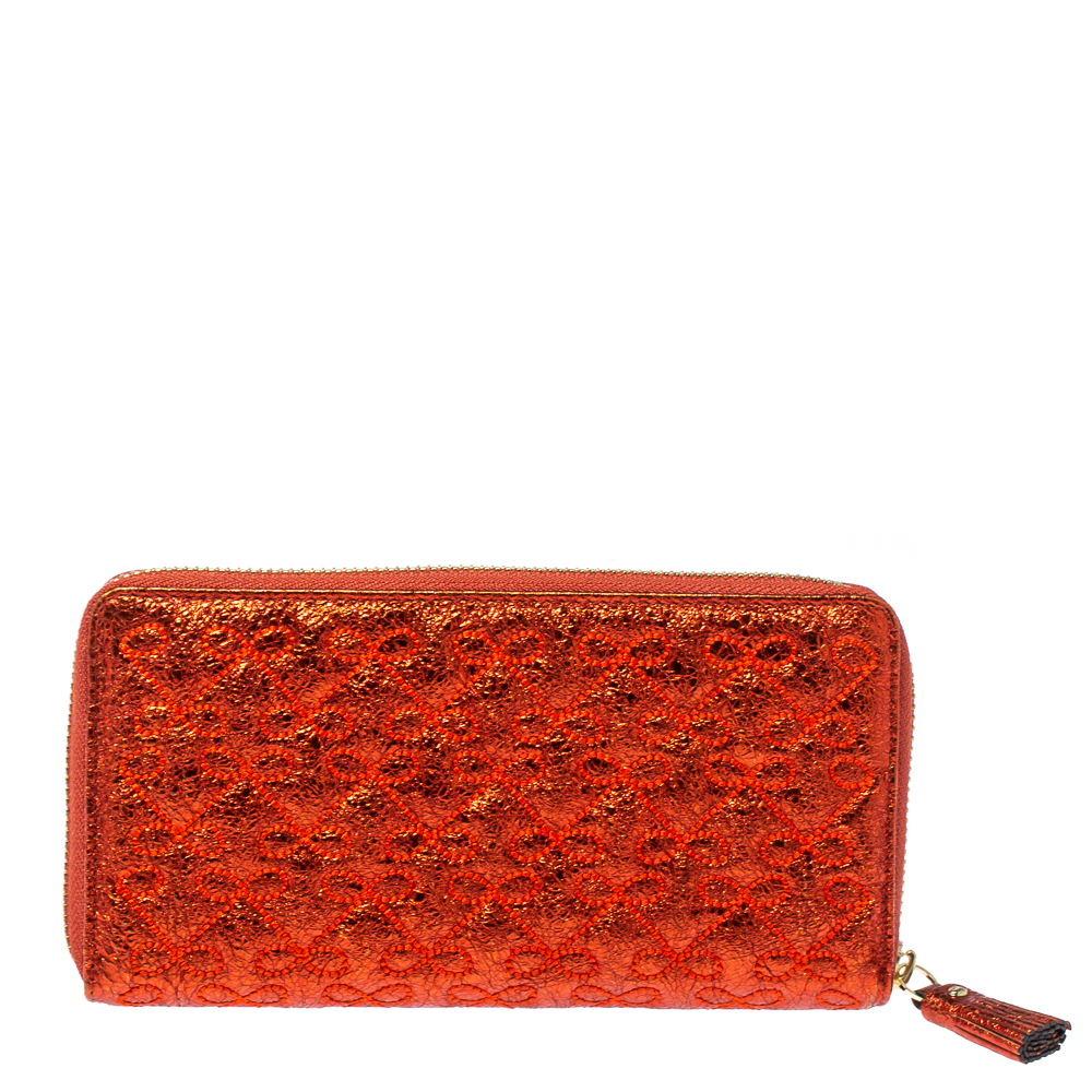 Anya Hindmarch Metallic Orange Textured Embossed Leather Zip Around Wallet