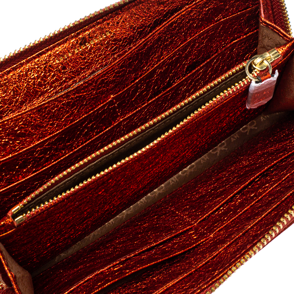 Anya Hindmarch Metallic Orange Textured Embossed Leather Zip Around Wallet