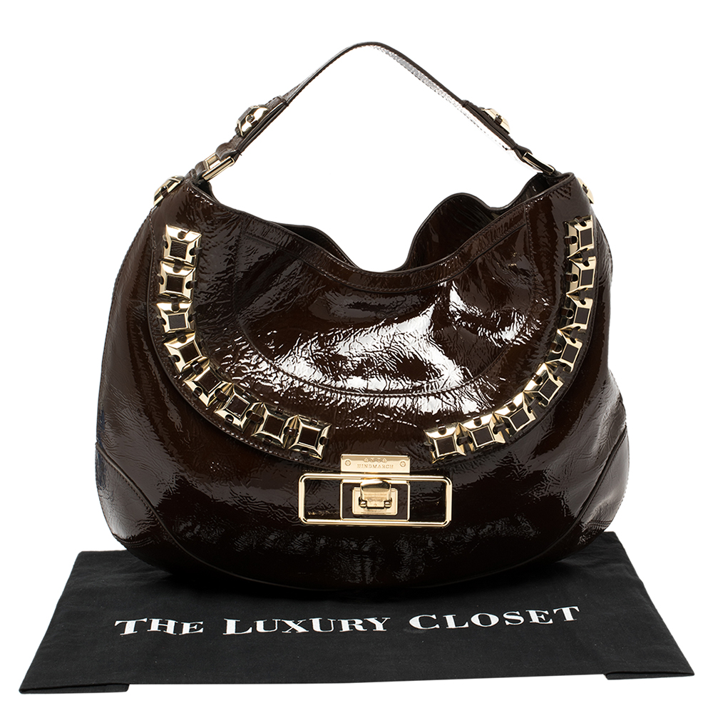 Anya Hindmarch Dark Brown Patent Leather Studded Hobo