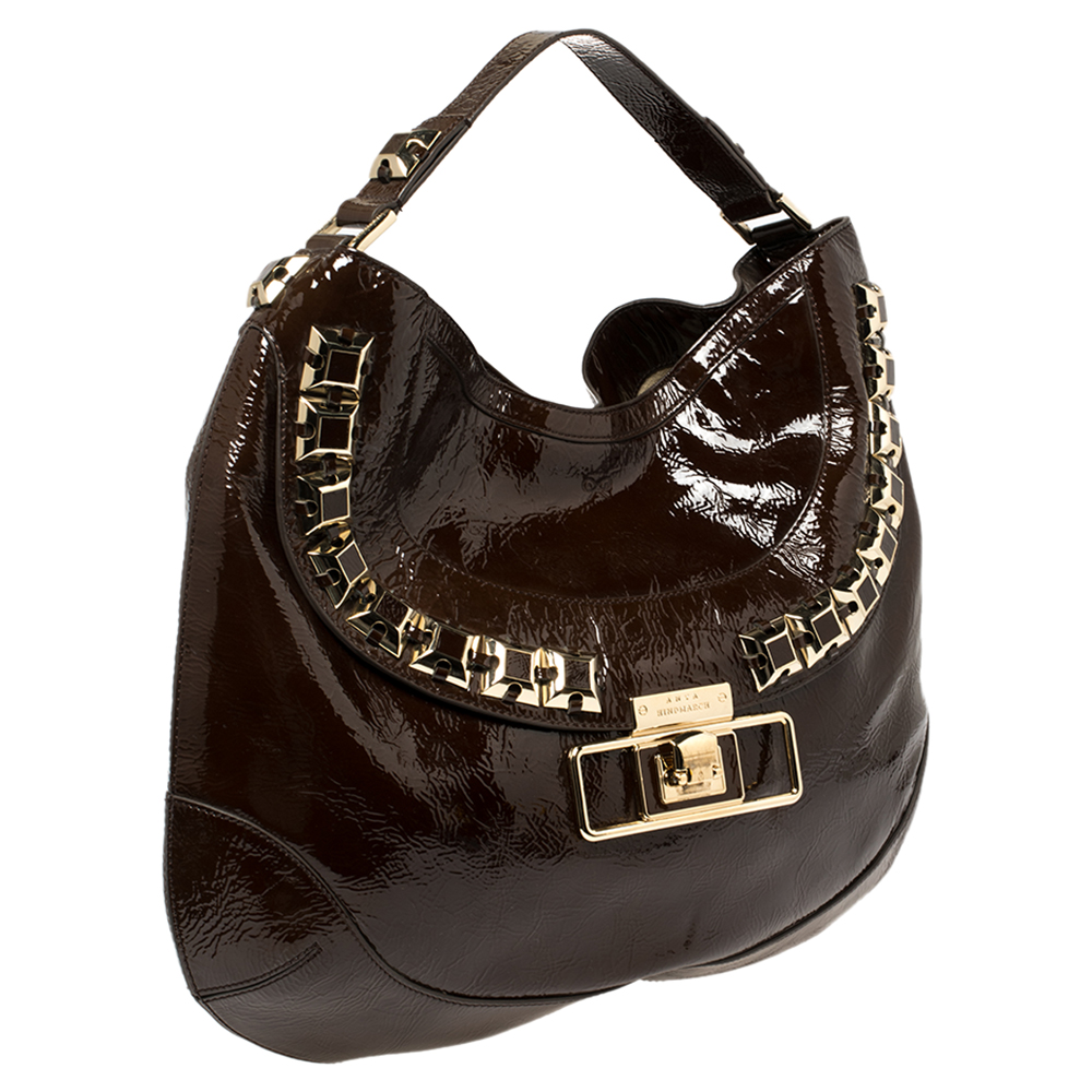Anya Hindmarch Dark Brown Patent Leather Studded Hobo