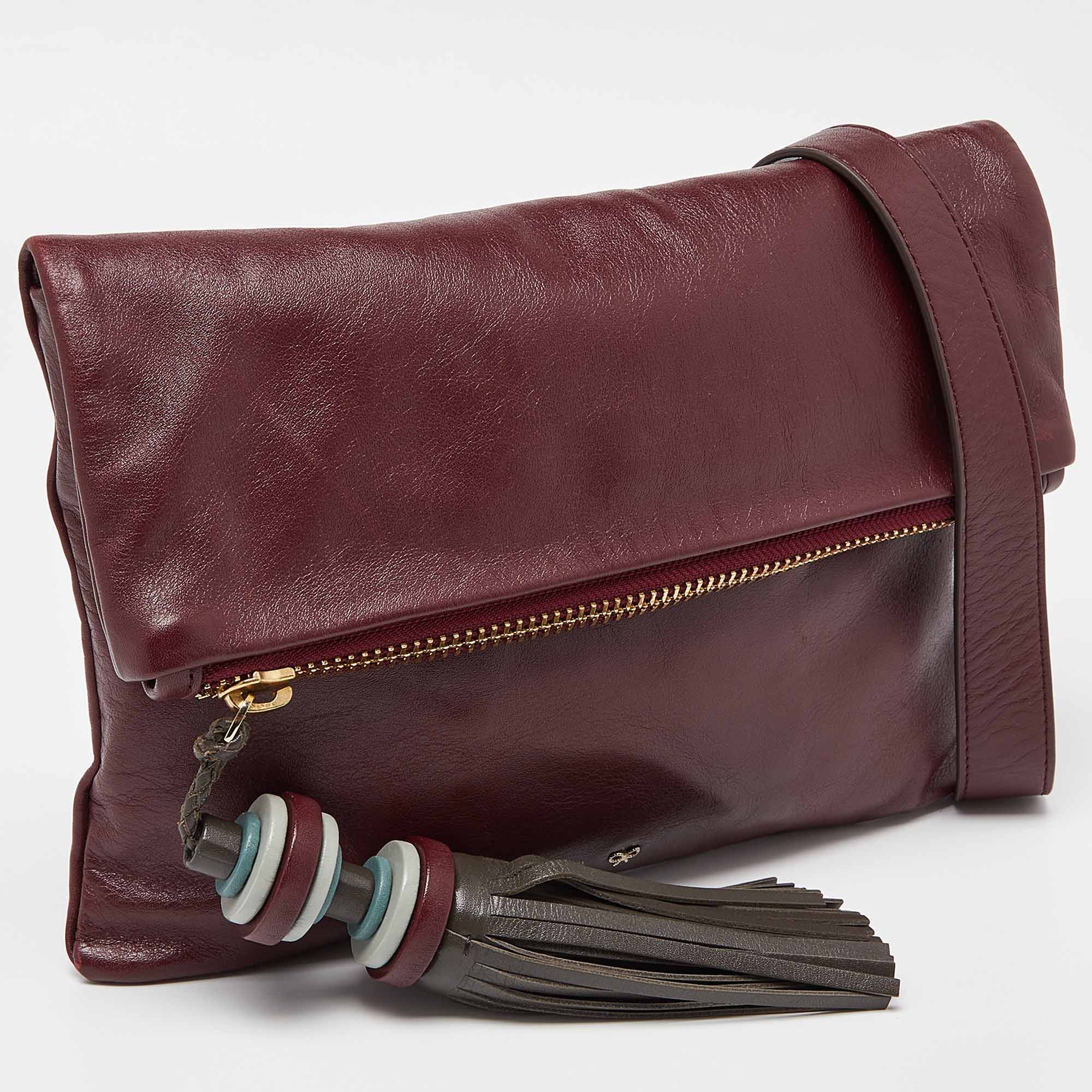 Anya Hindmarch Burgundy Leather Foldover Tassel Crossbody Bag