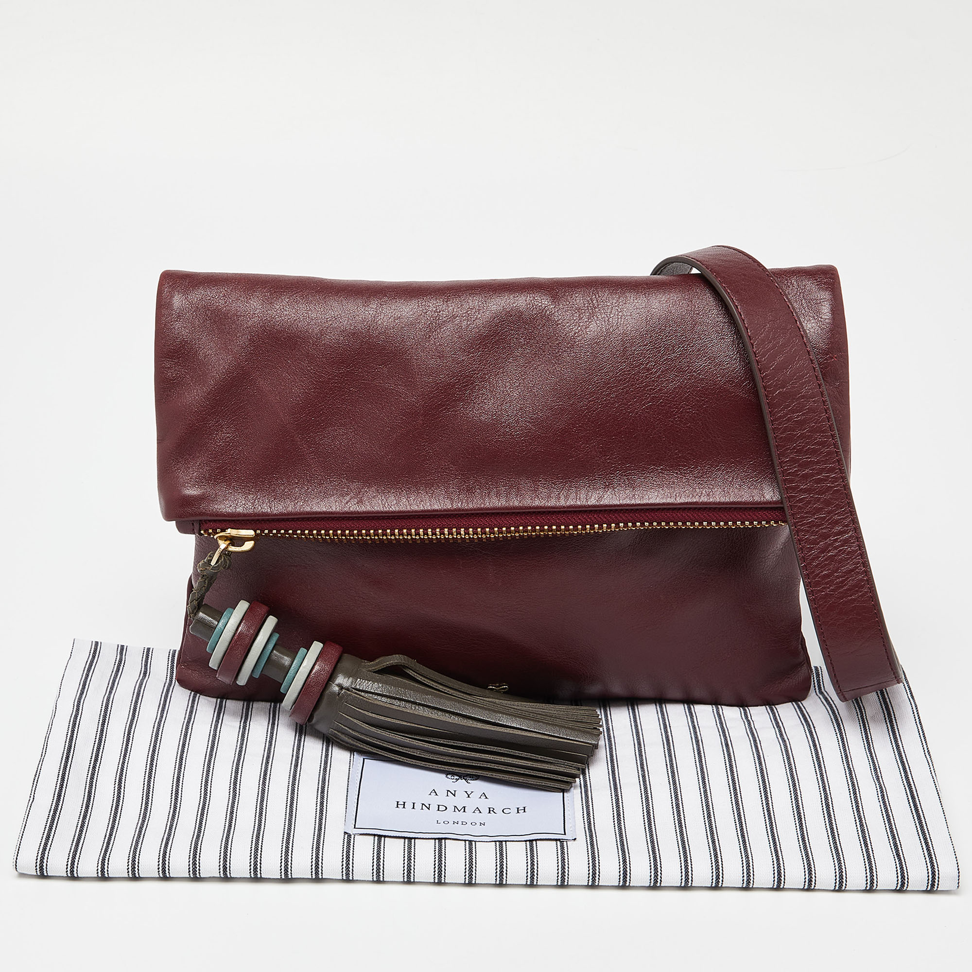 Anya Hindmarch Burgundy Leather Foldover Tassel Crossbody Bag