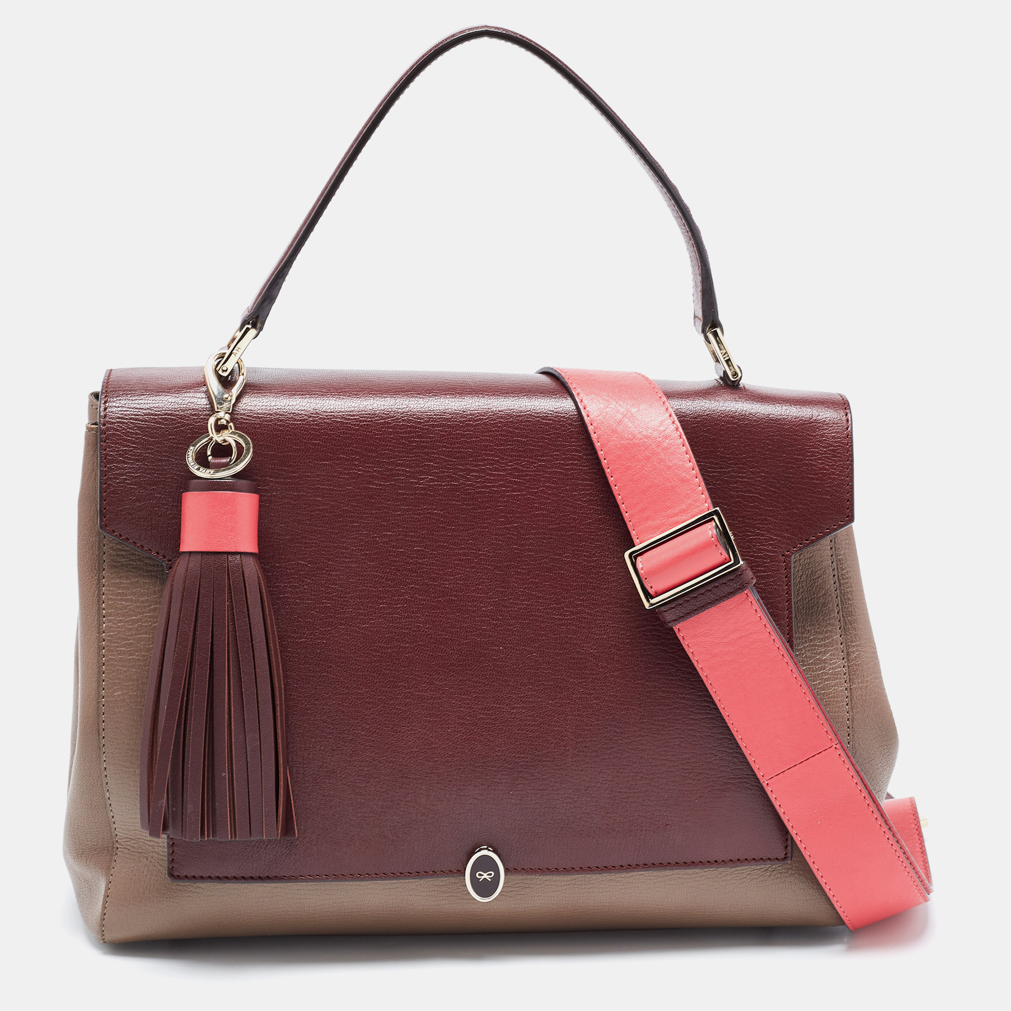 Anya Hindmarch Beige/Burgundy Leather Bathurst Top Handle Bag