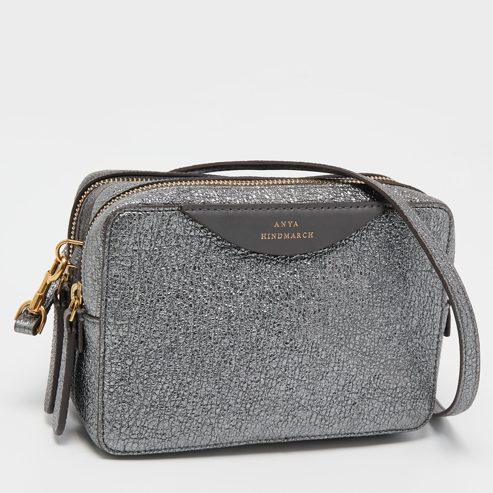 Anya Hindmarch Metallic Grey Crinkled Leather Double Stack Crossbody Bag