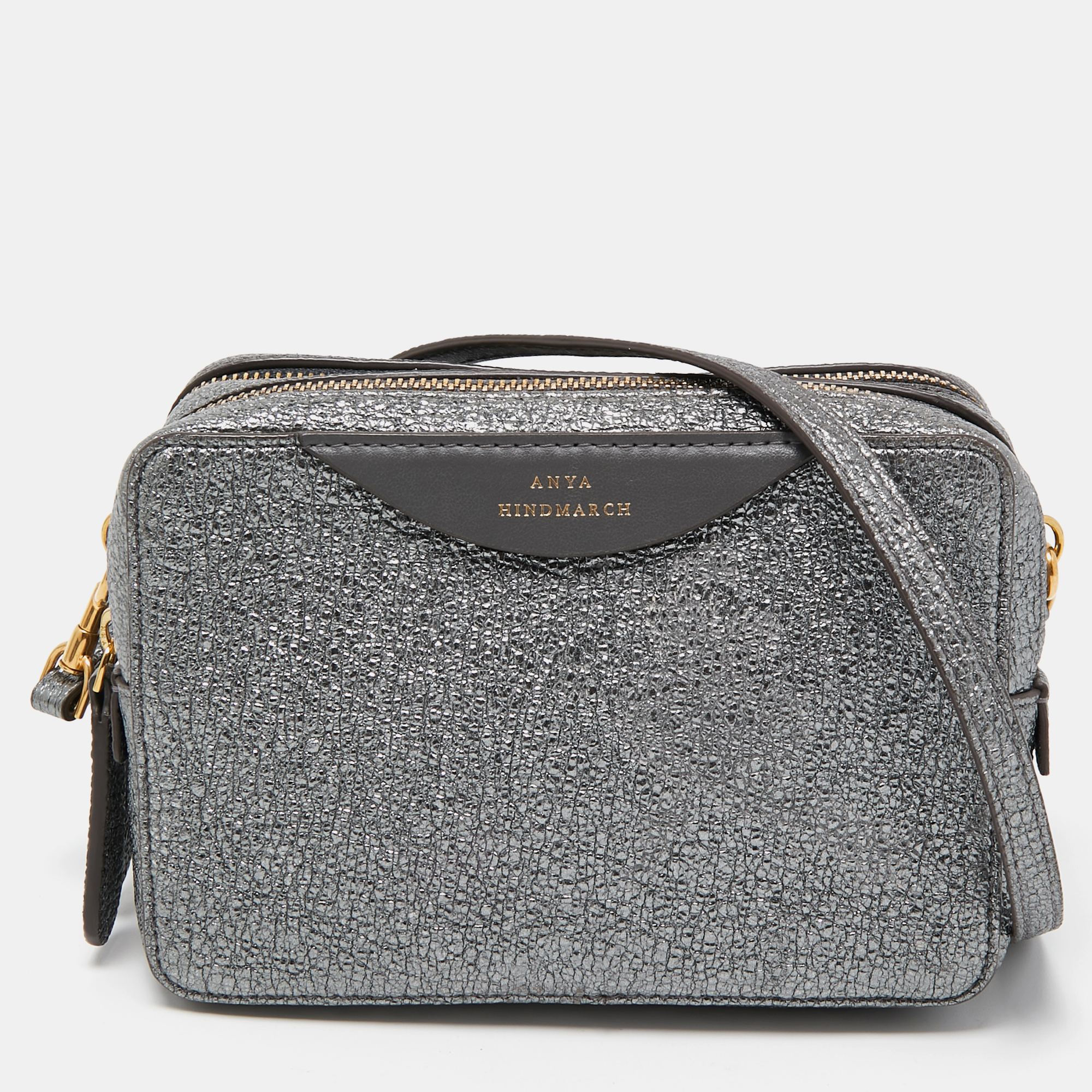 Anya Hindmarch Metallic Grey Crinkled Leather Double Stack Crossbody Bag