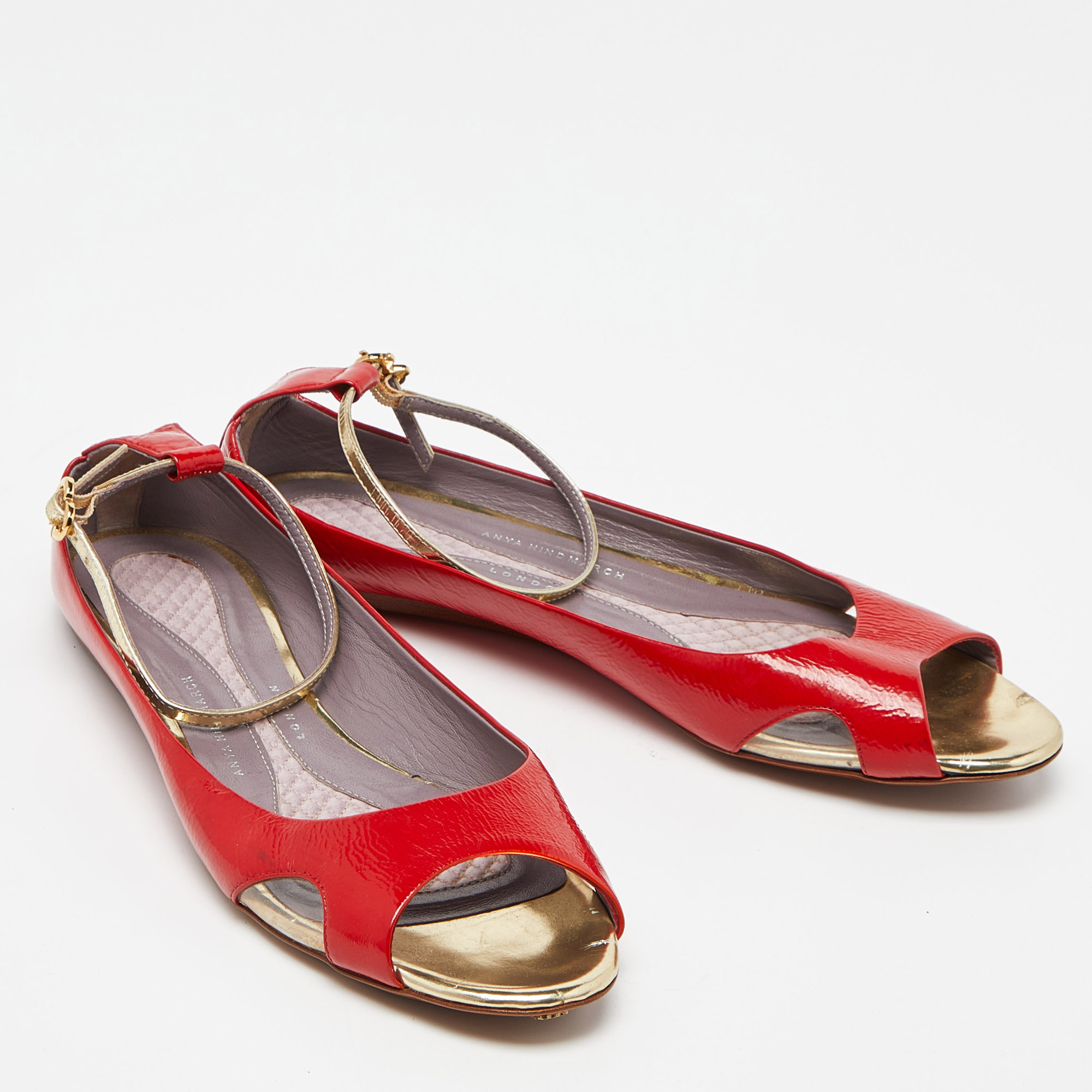 Anya Hindmarch Red Patent Leather Open Toe Ankle Strap Flats Size 39