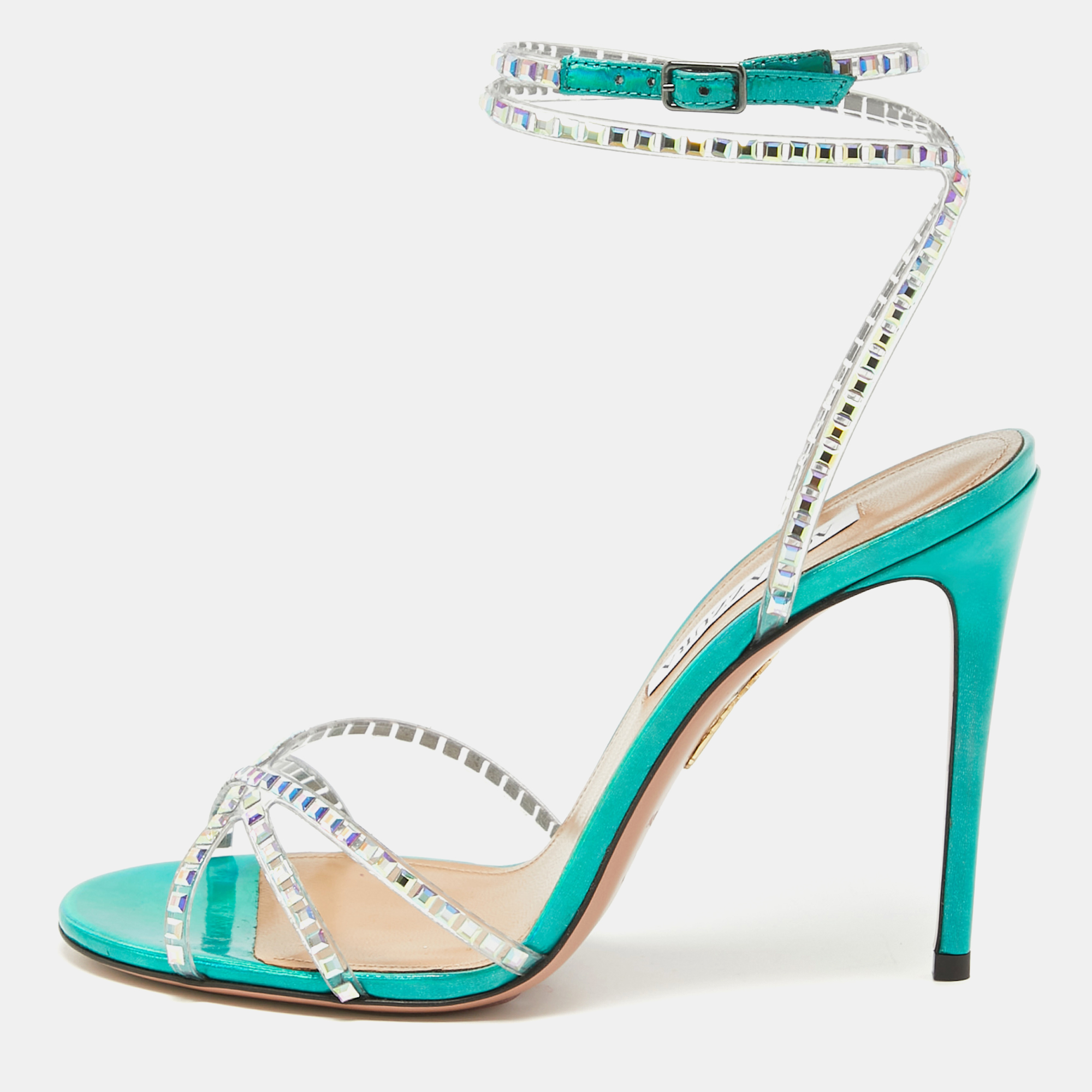 Aquazzura transparent/metallic aqua pvc and leather dance plexi sandals size 38