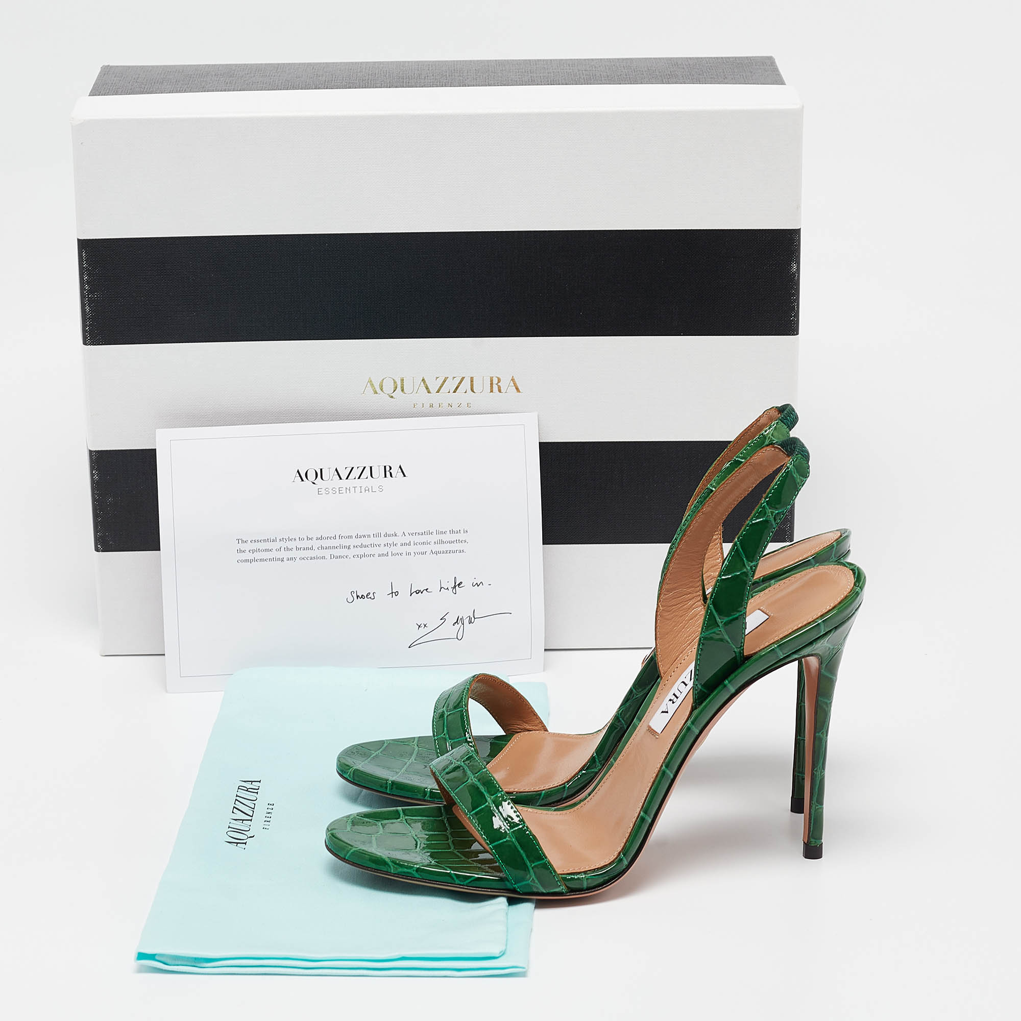 Aquazzura Green Croc Embossed Patent Leather So Nude Ankle Strap Sandals Size 37