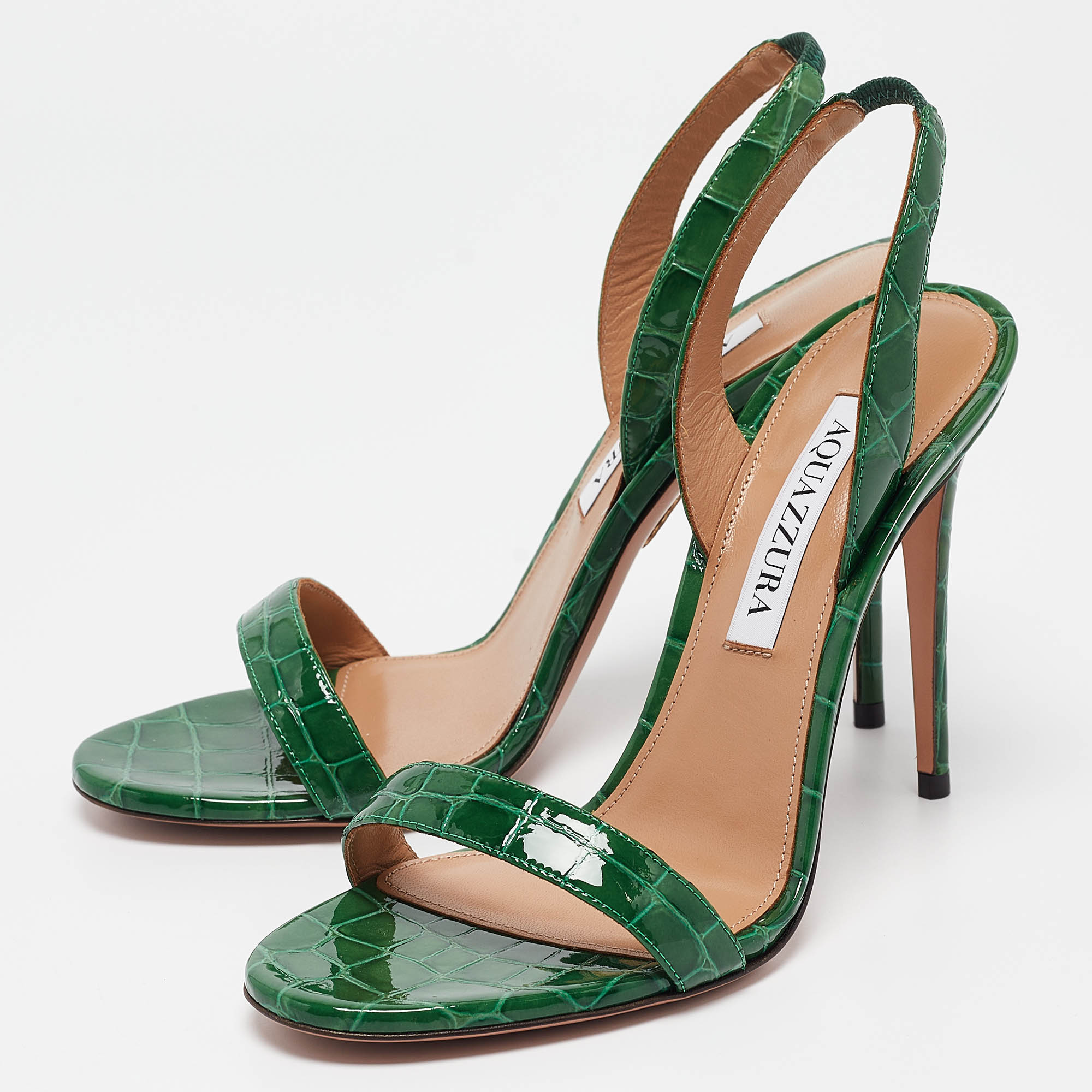 Aquazzura Green Croc Embossed Patent Leather So Nude Ankle Strap Sandals Size 37