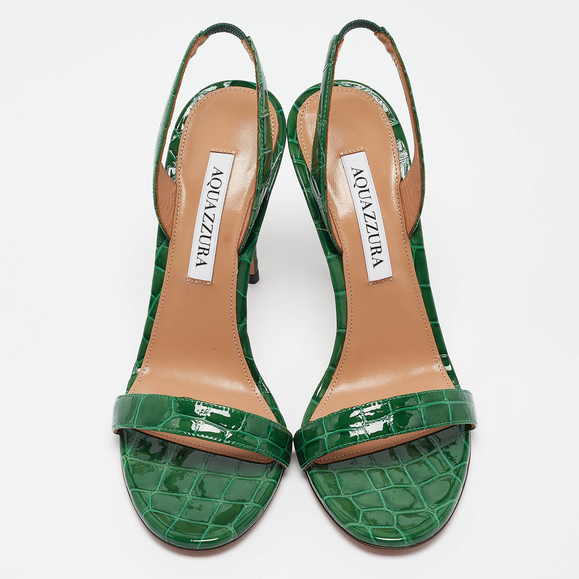 Aquazzura Green Croc Embossed Patent Leather So Nude Ankle Strap Sandals Size 37