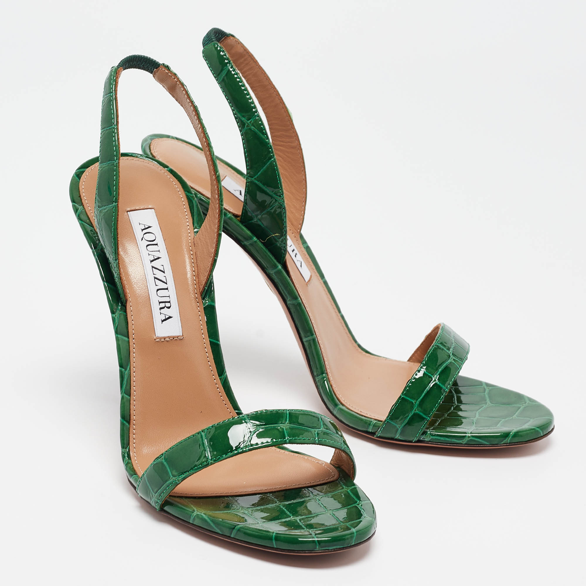 Aquazzura Green Croc Embossed Patent Leather So Nude Ankle Strap Sandals Size 37