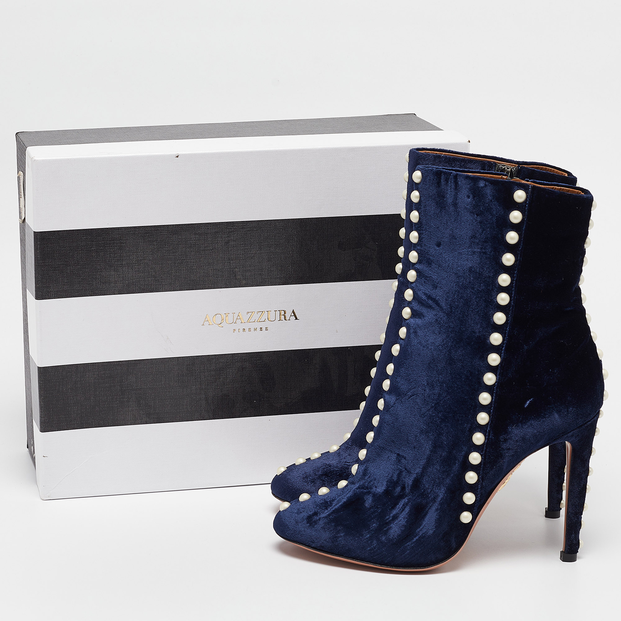 Aquazzura Navy Blue Velvet Follie Pearls Ankle Boots Size 36.5