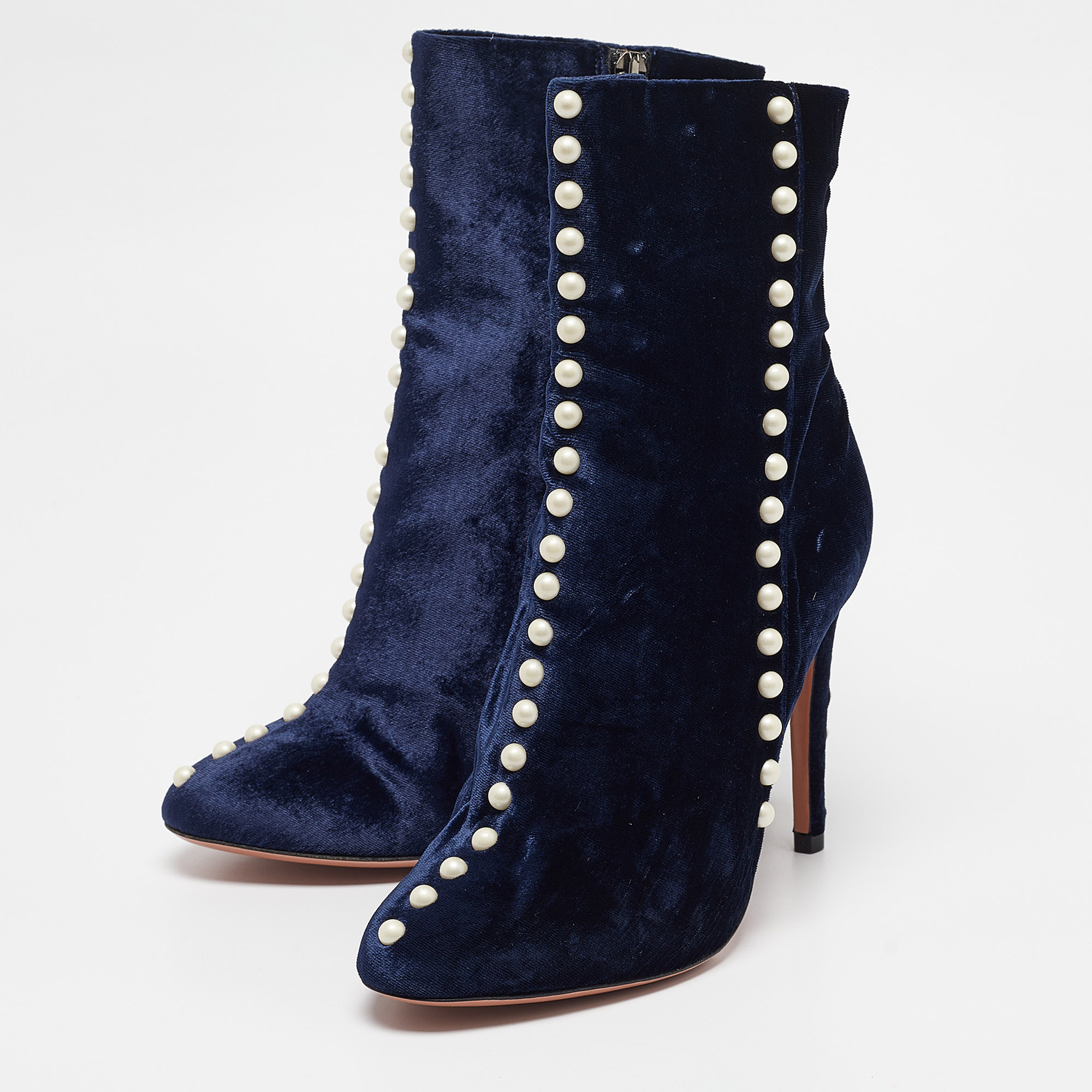 Aquazzura Navy Blue Velvet Follie Pearls Ankle Boots Size 36.5