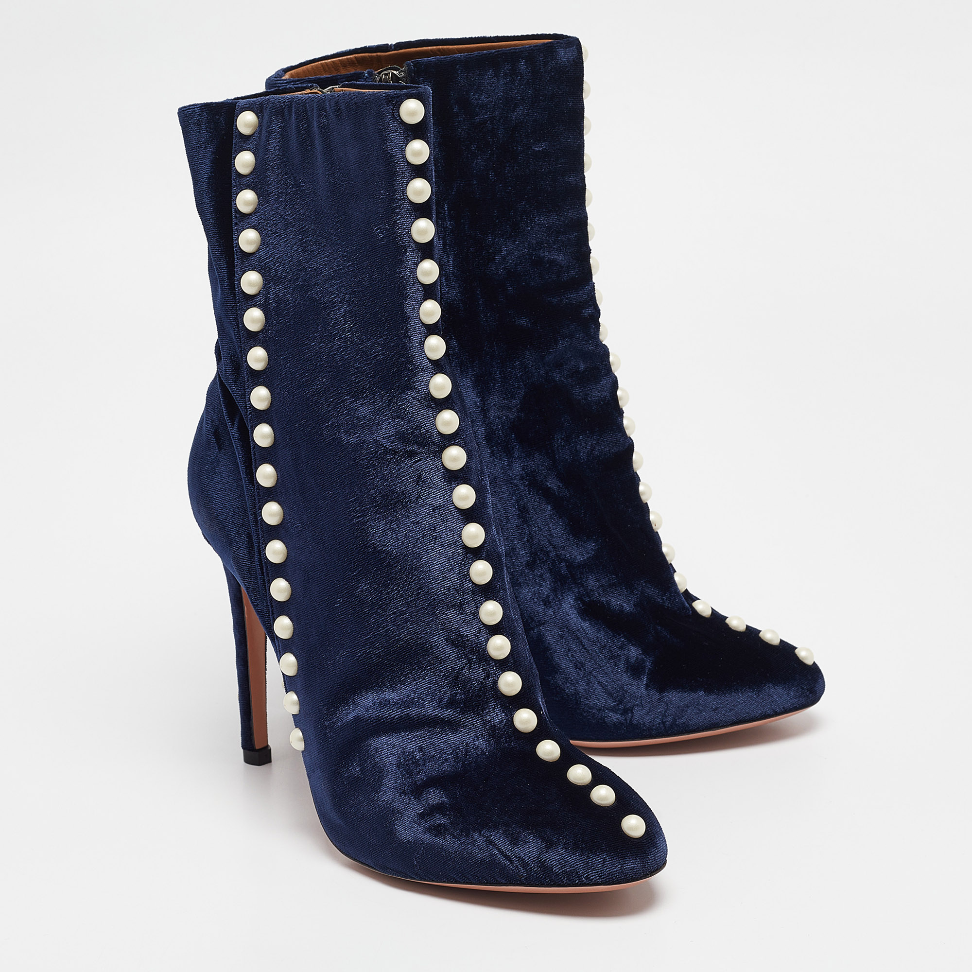 Aquazzura Navy Blue Velvet Follie Pearls Ankle Boots Size 36.5