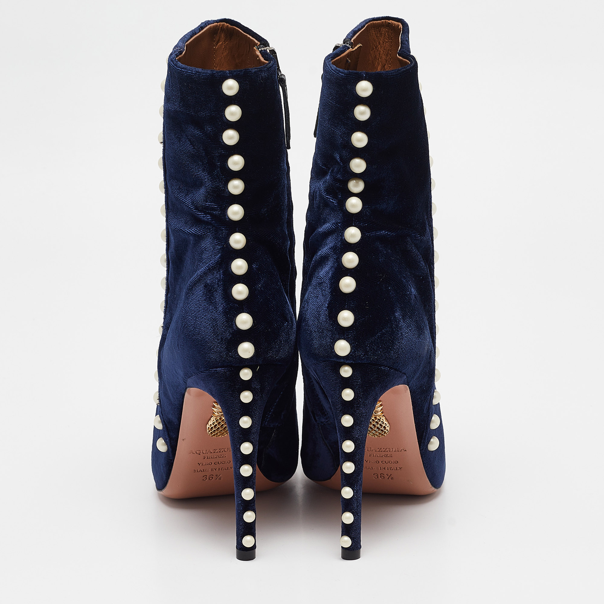 Aquazzura Navy Blue Velvet Follie Pearls Ankle Boots Size 36.5