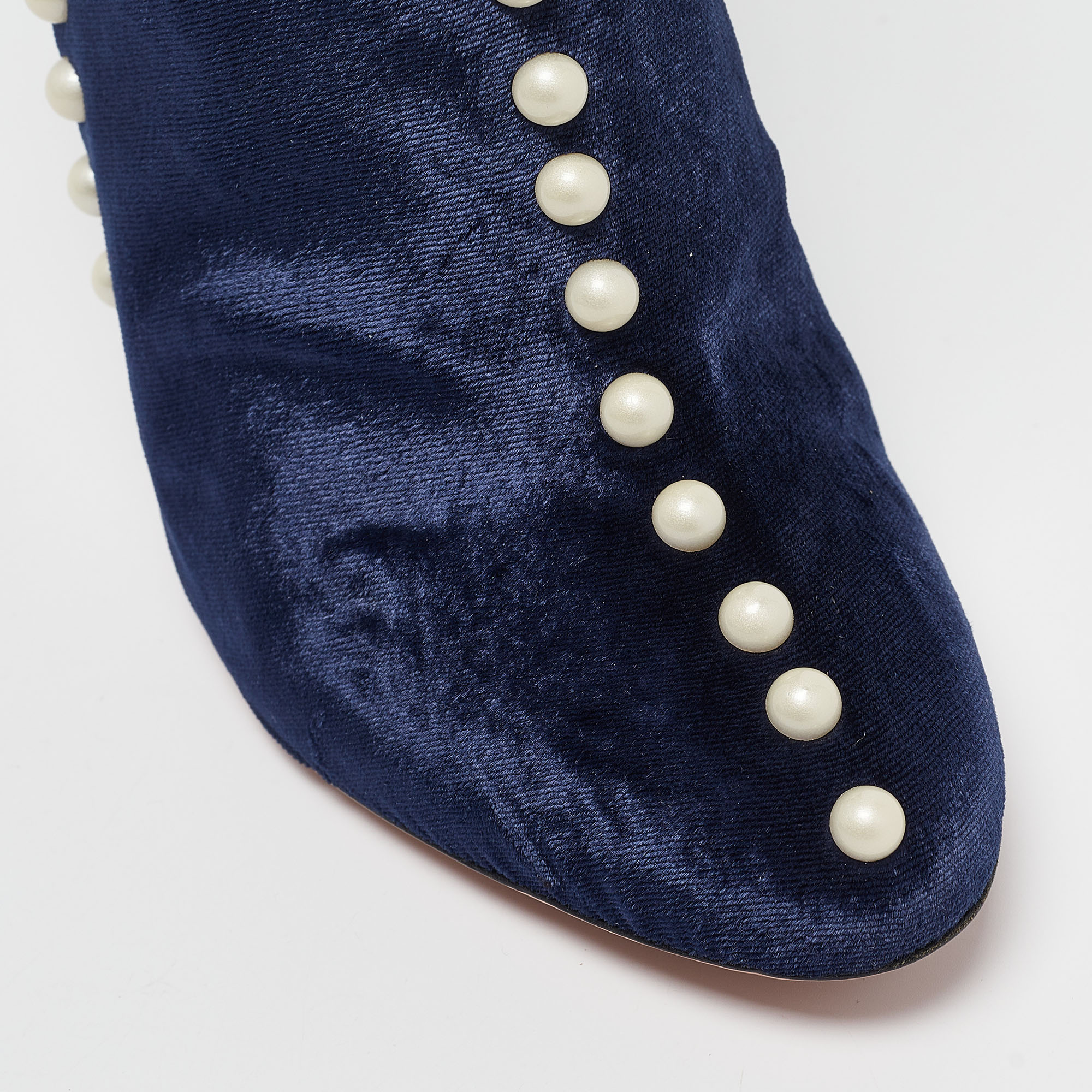 Aquazzura Navy Blue Velvet Follie Pearls Ankle Boots Size 36.5