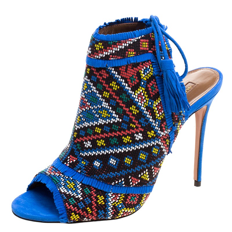 Image of Aquazzura Multicolor Embroidered Fabric and Suede Colorado Peep Toe Sandals Size .