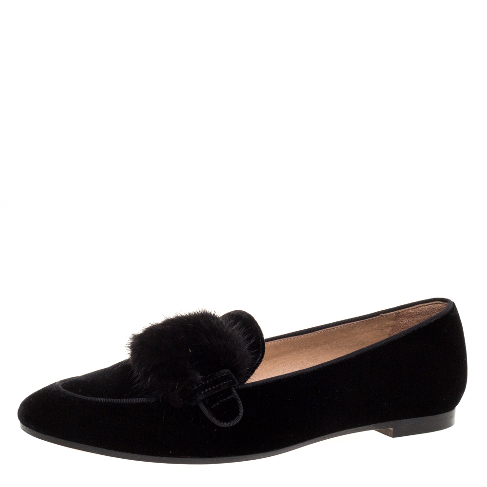 Image of Aquazzura Black Velvet And Mink Fur Buckle Slip On Loafers Size .