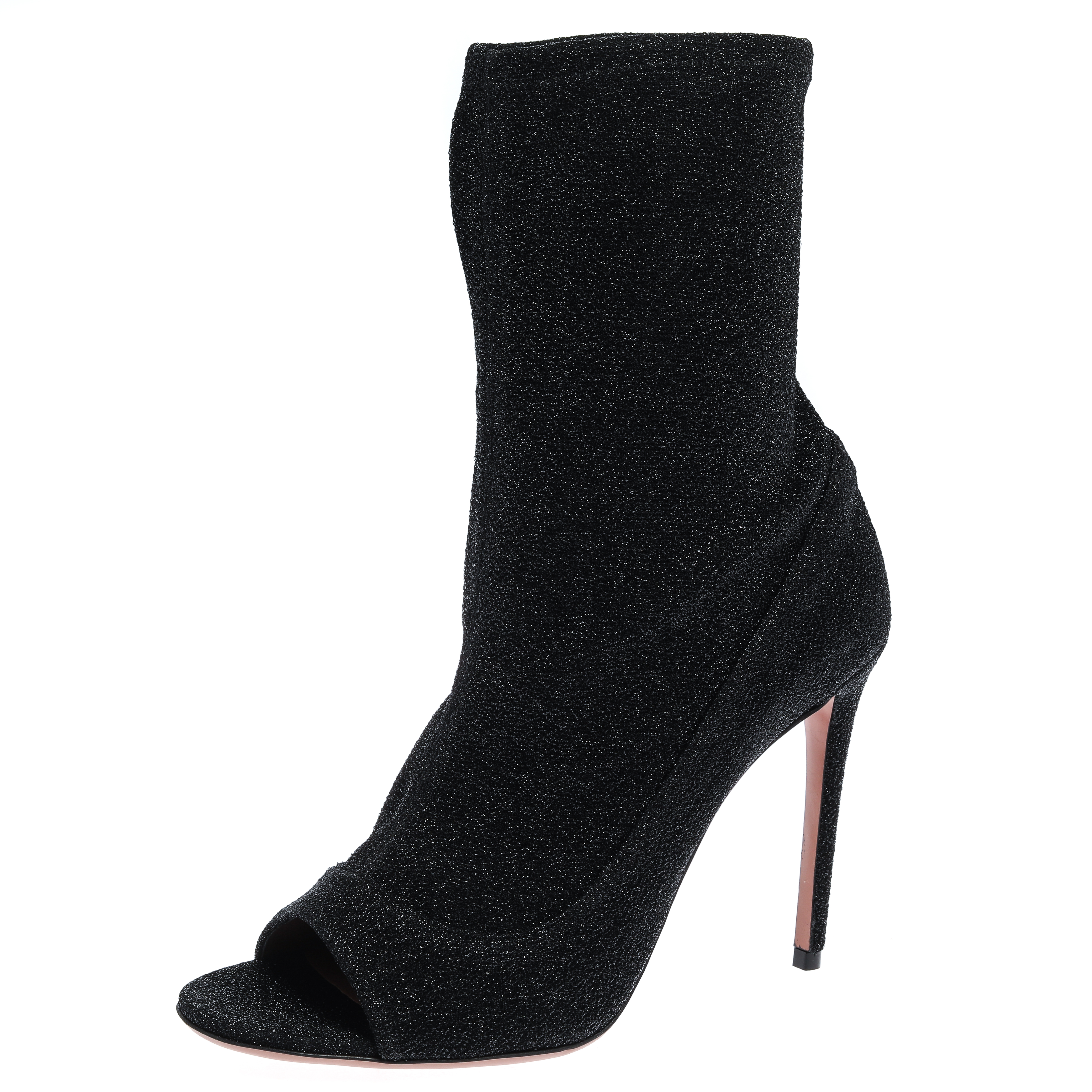 Image of Aquazzura Black Lurex Fabric Eclair Peep Toe Ankle Boots Size