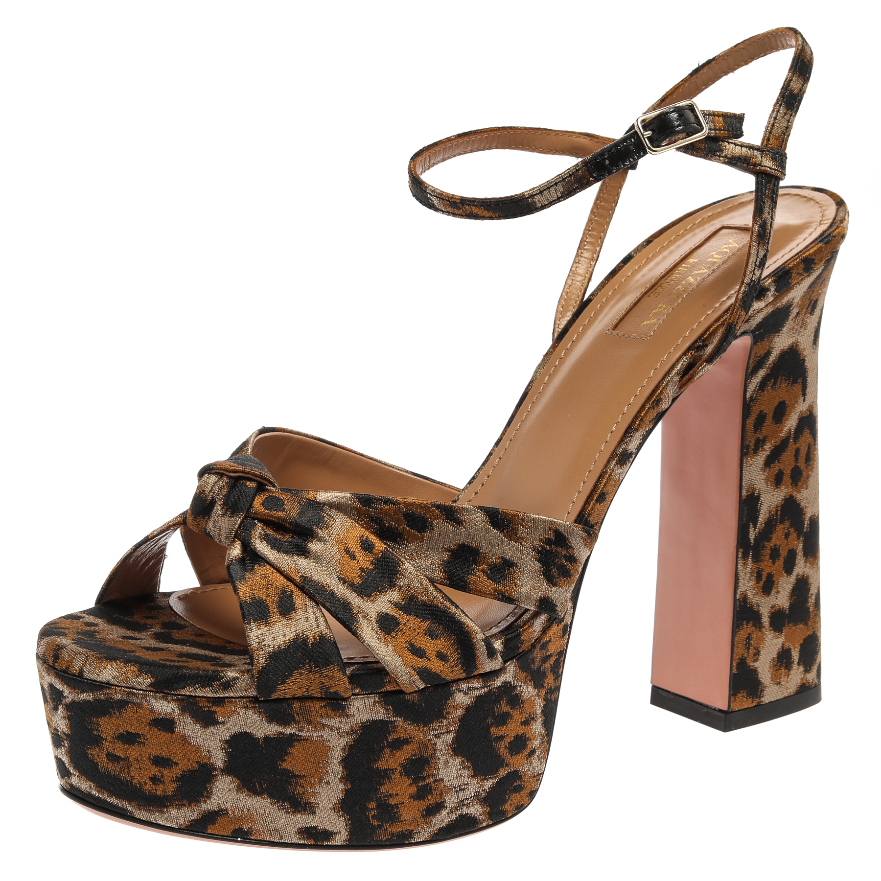 Image of Aquazzura Caramel Brown Jacquard Leopard Baba Plateau Sandals Size .