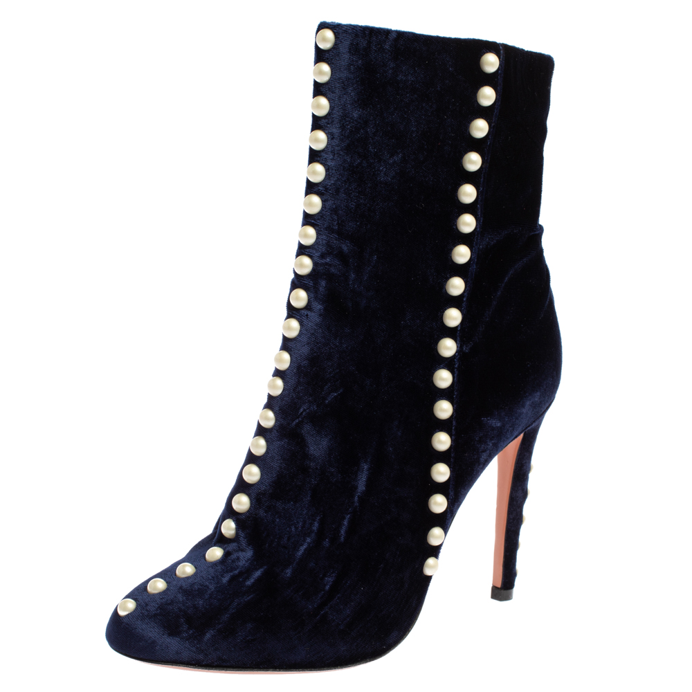 Image of Aquazzura Navy Blue Velvet Follie Pearls Ankle Boots Size .