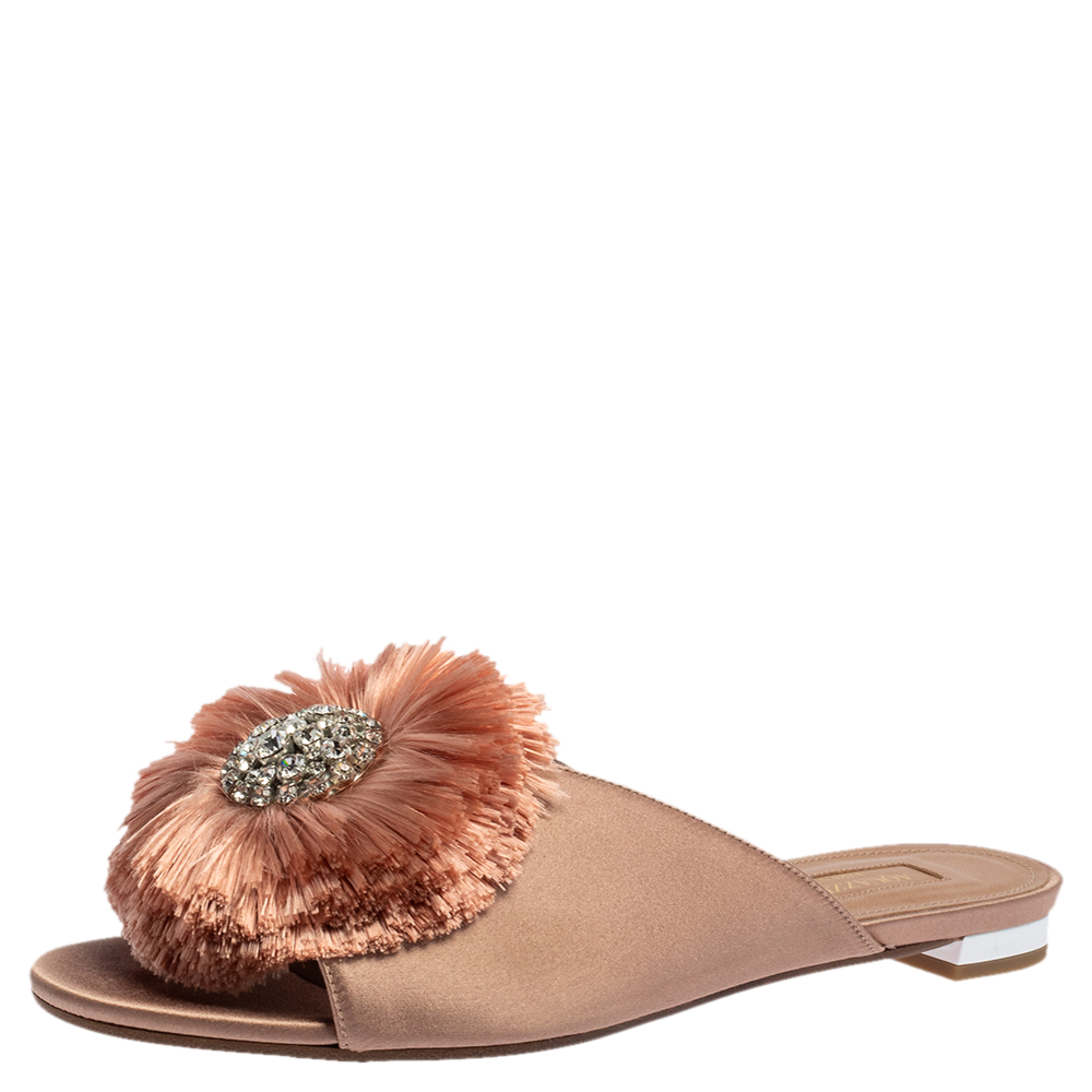 Aquazzura Nude Pink Satin And Fur Embellished Flat Sandals Size 37.5
