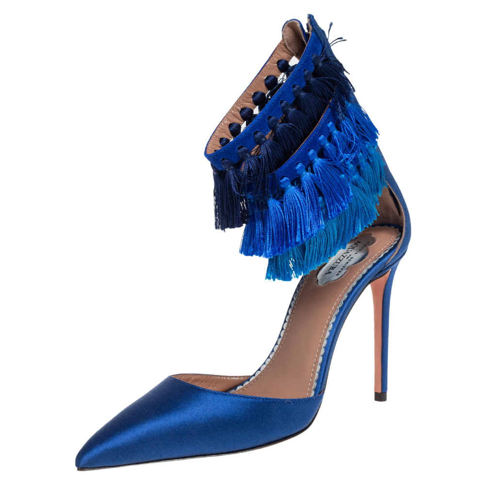 Claudia Schiffer For Aquazzura Blue Satin And Suede Tasseled Loulou Pumps Size 36