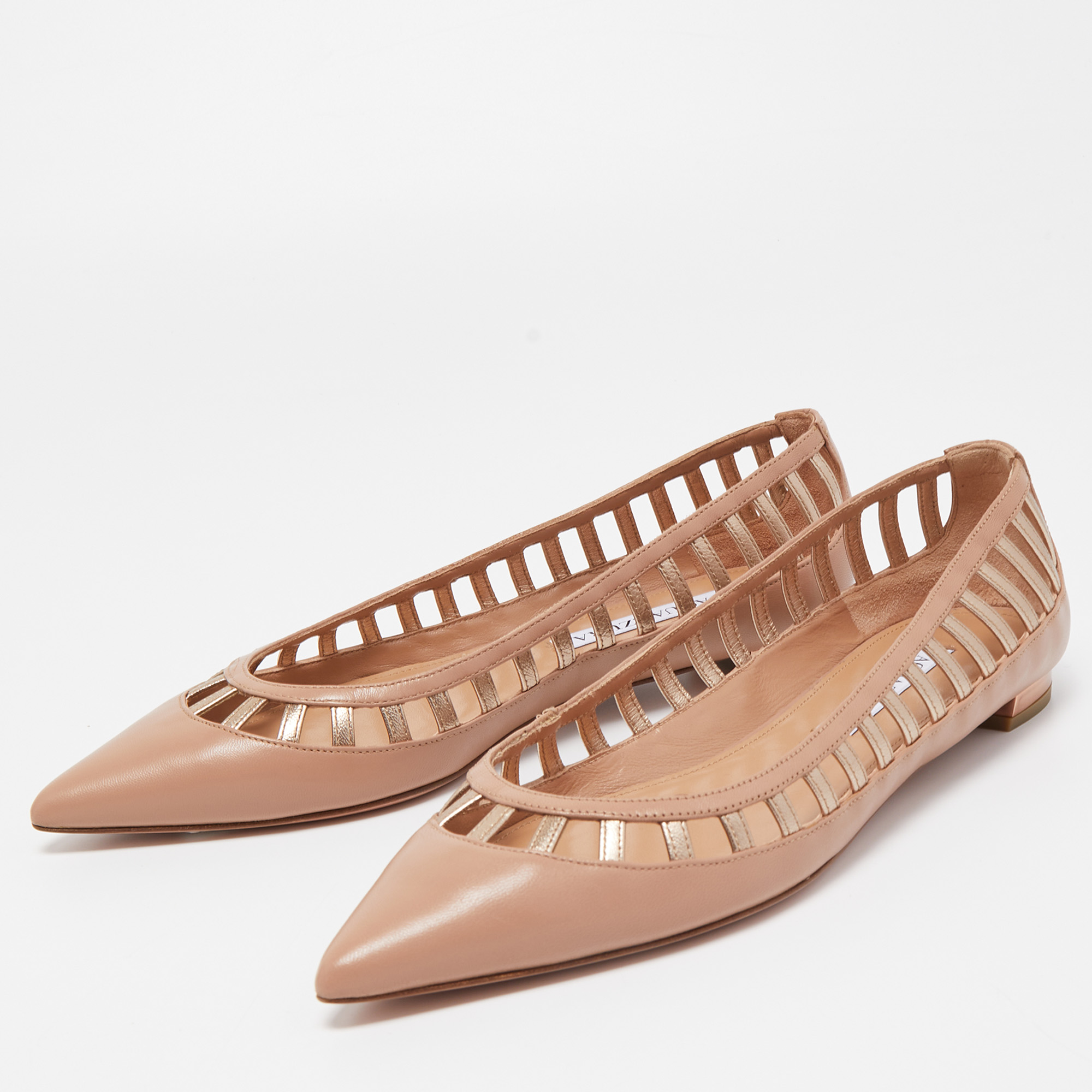 

Aquazzura Beige Cutout Leather Pointed Toe Ballet Flats Size