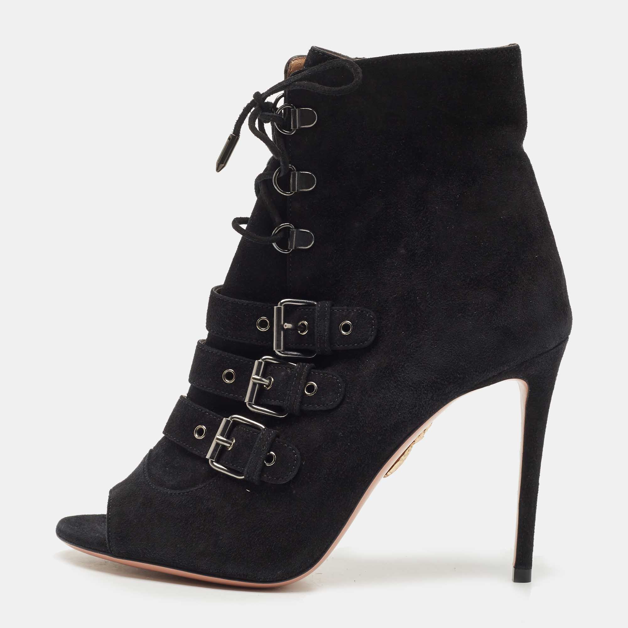 Aquazzura Black Suede Buckle Detailed Lace Up Peep Toe Ankle Booties Size 38