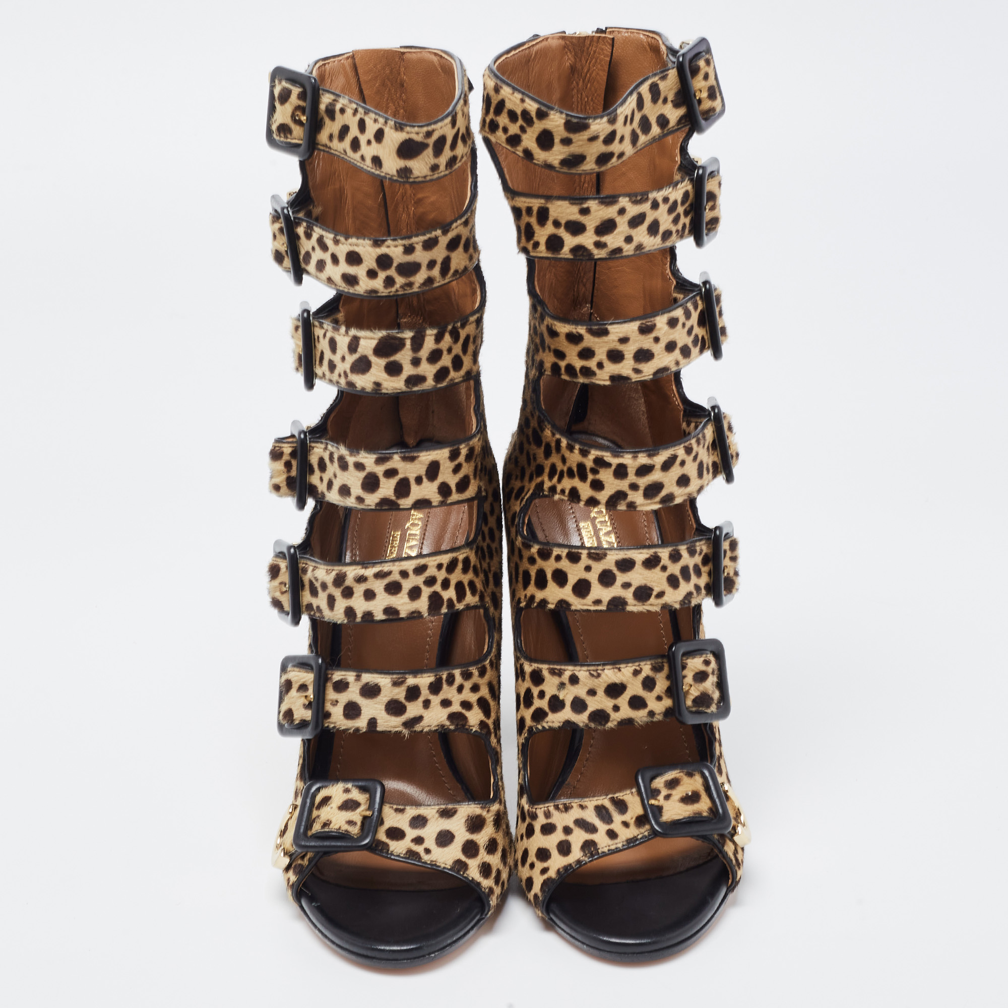Aquazzura Brown/Black Calf Hair Leopard Print Gladiator Sandals Size 37