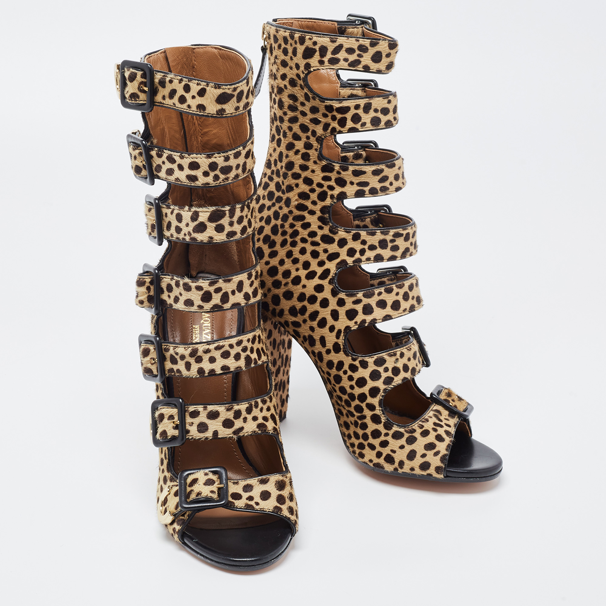 Aquazzura Brown/Black Calf Hair Leopard Print Gladiator Sandals Size 37
