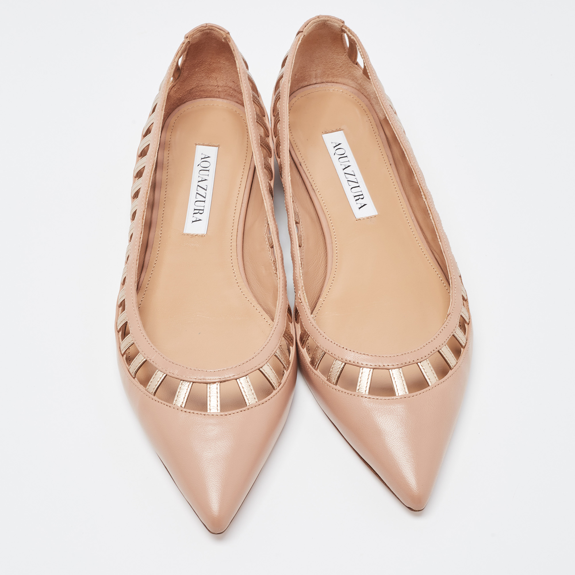 Aquazzura Beige/Gold Cutout Leather Pointed Toe Ballet Flats Size 37