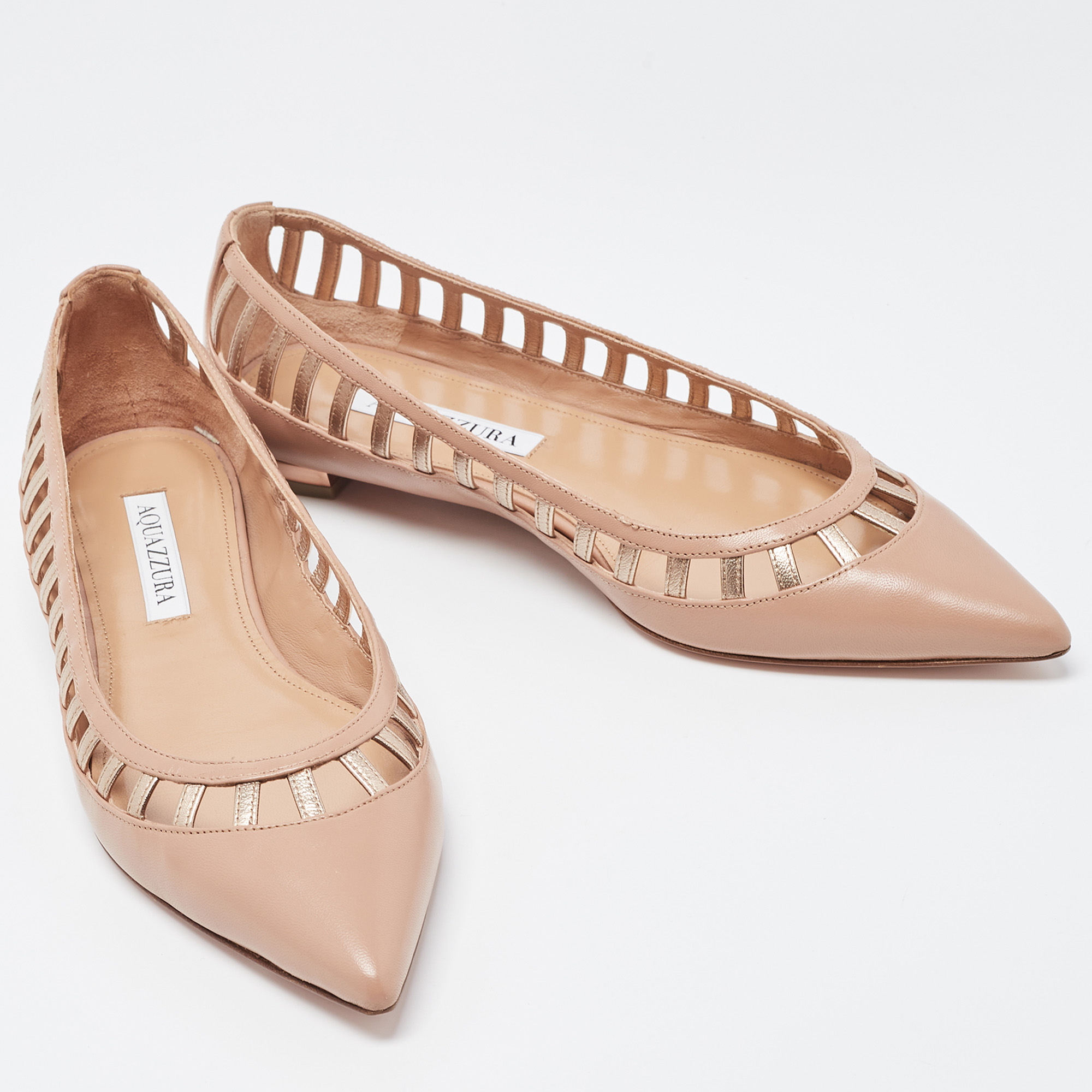 Aquazzura Beige/Gold Cutout Leather Pointed Toe Ballet Flats Size 37