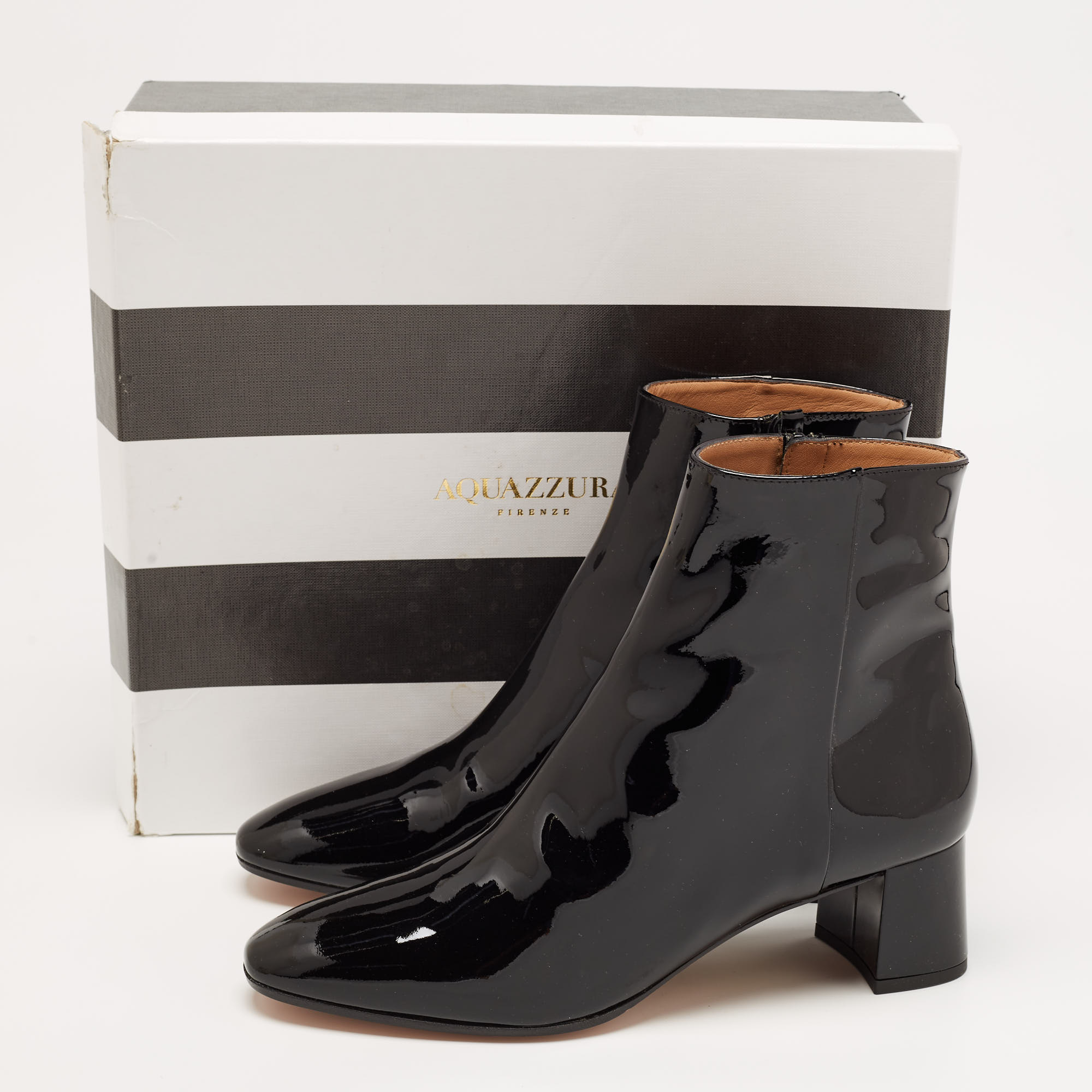 Aquazzura Black Patent Leather Grenelle Block Heel Ankle Booties Size 41