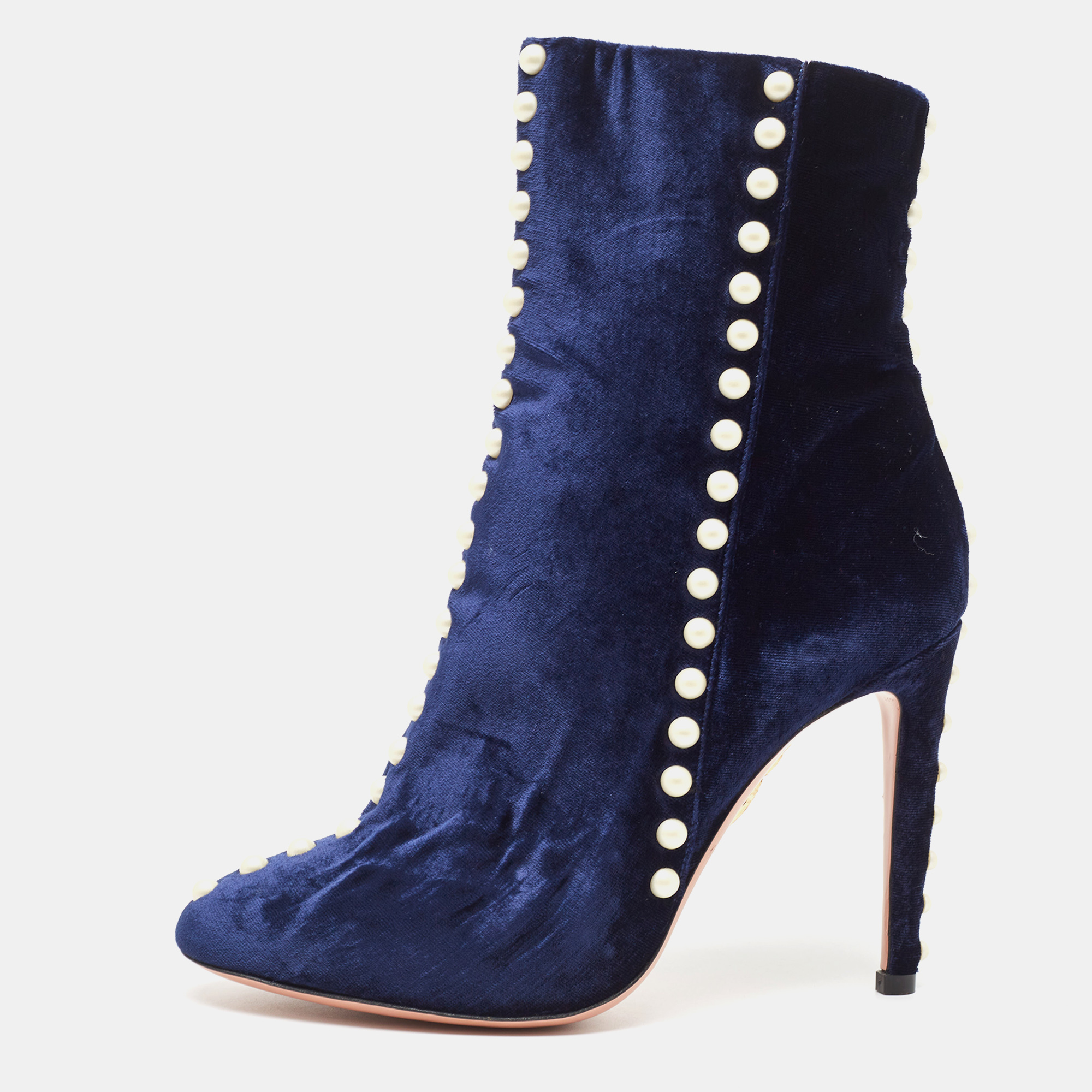Aquazzura Blue Velvet Follie Pearls Ankle Length Boots Size 36.5