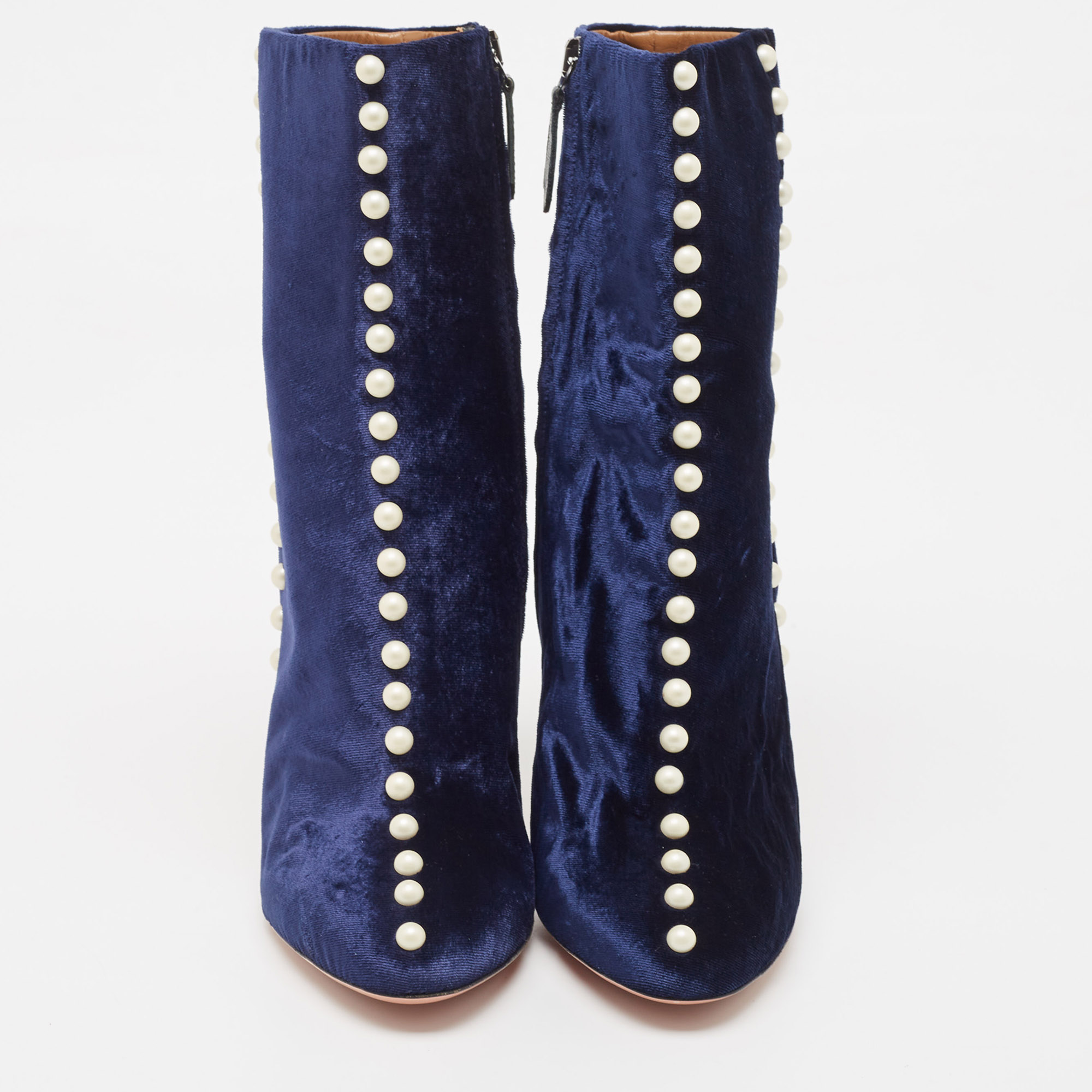 Aquazzura Blue Velvet Follie Pearls Ankle Length Boots Size 36.5
