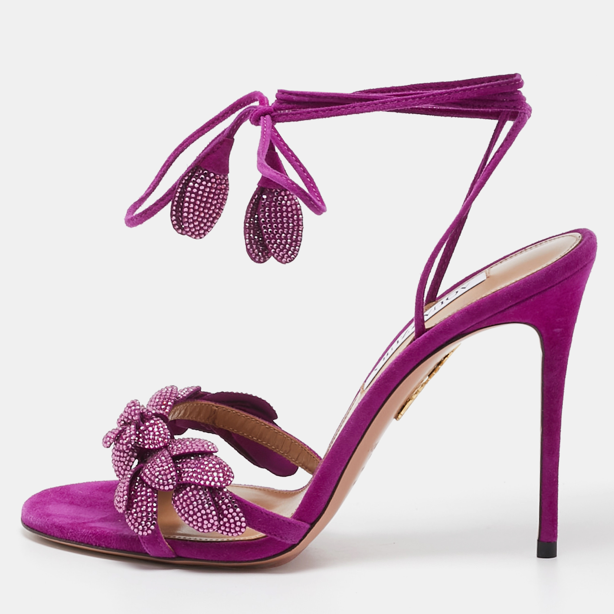 Aquazzura Purple Suede Monaco Embellished Ankle Wrap Sandals Size 38.5