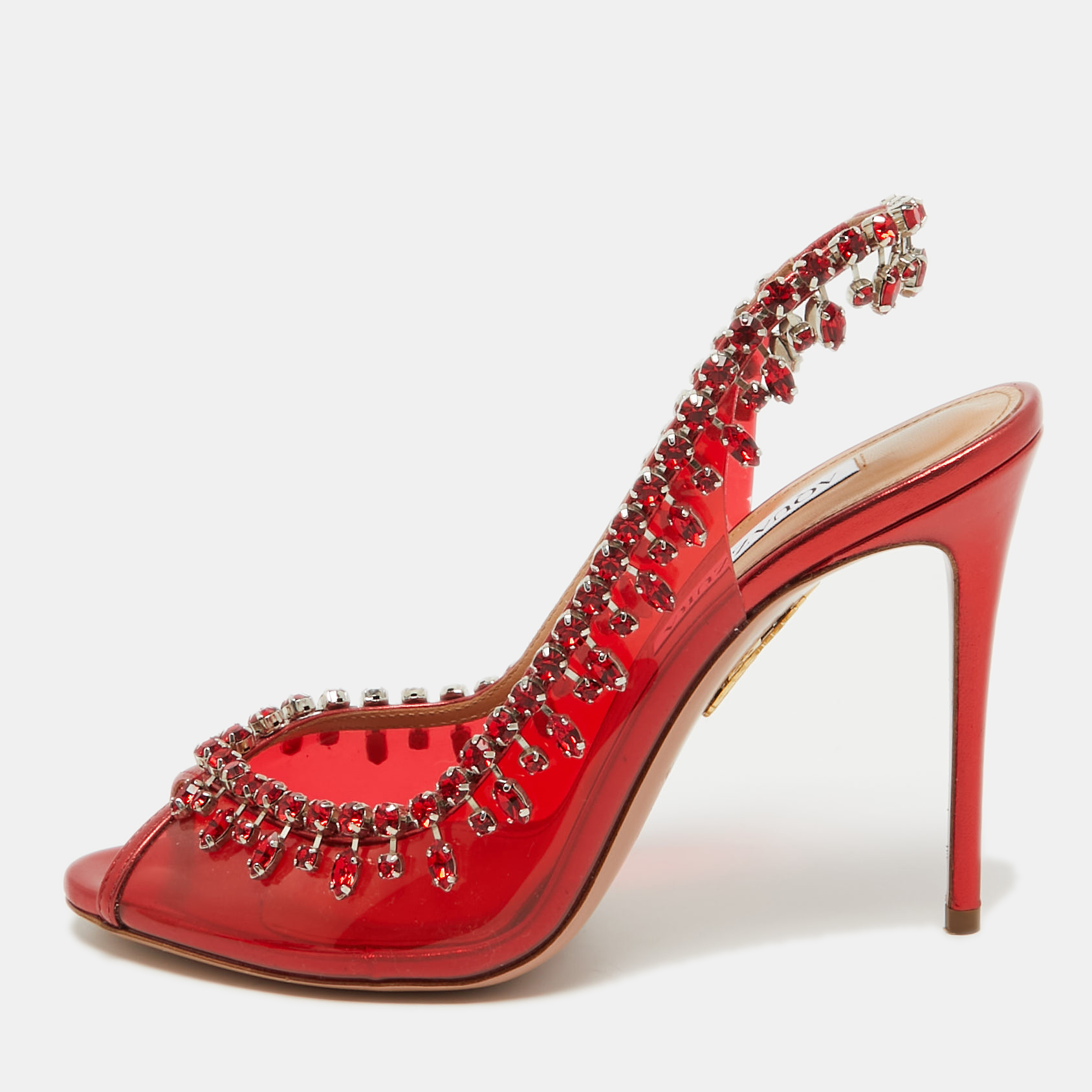 Aquazzura Red PVC Crystal Embellished Temptation Slingback Pumps Size 38