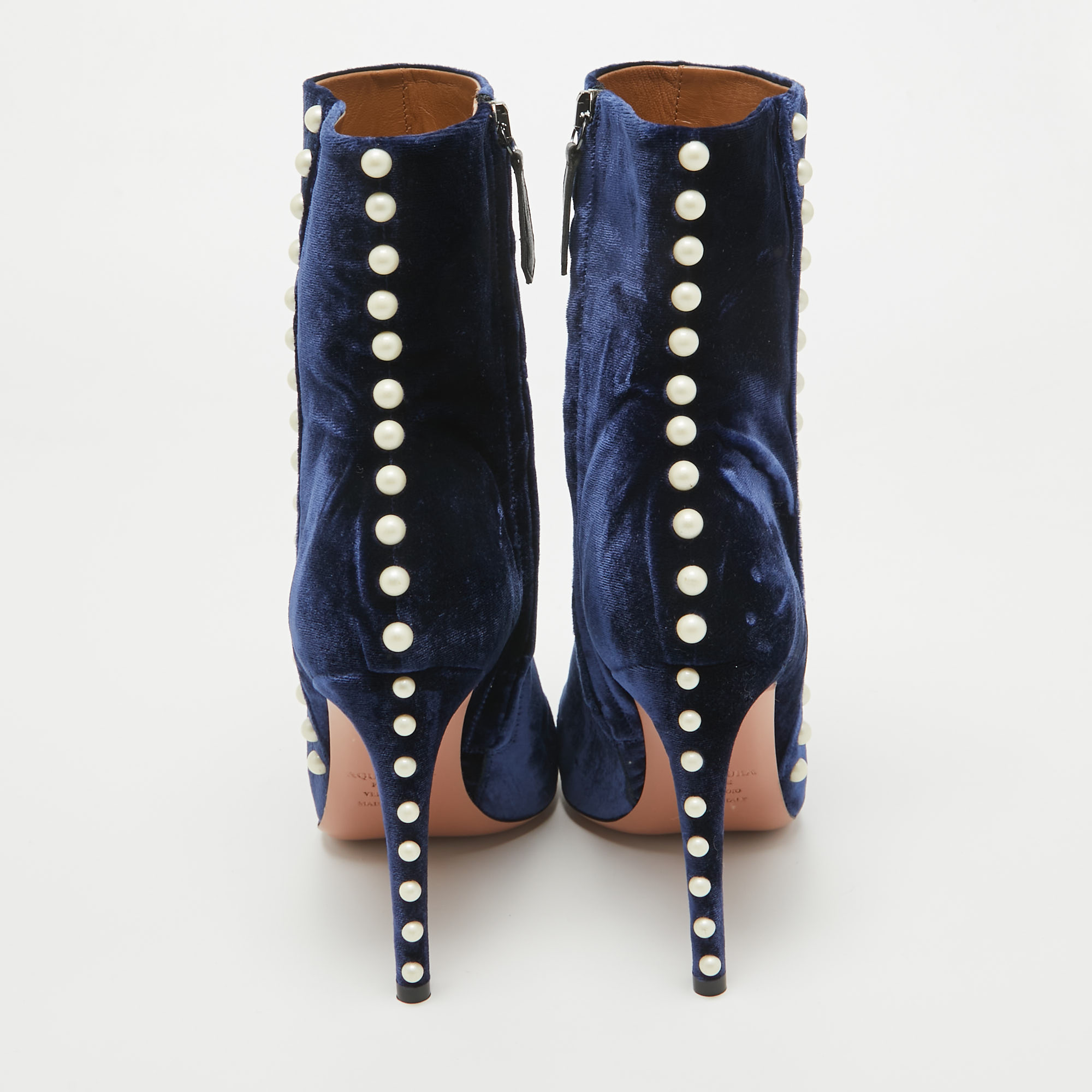 Aquazzura Blue Velvet Follie Pearls Ankle Boots Size 36