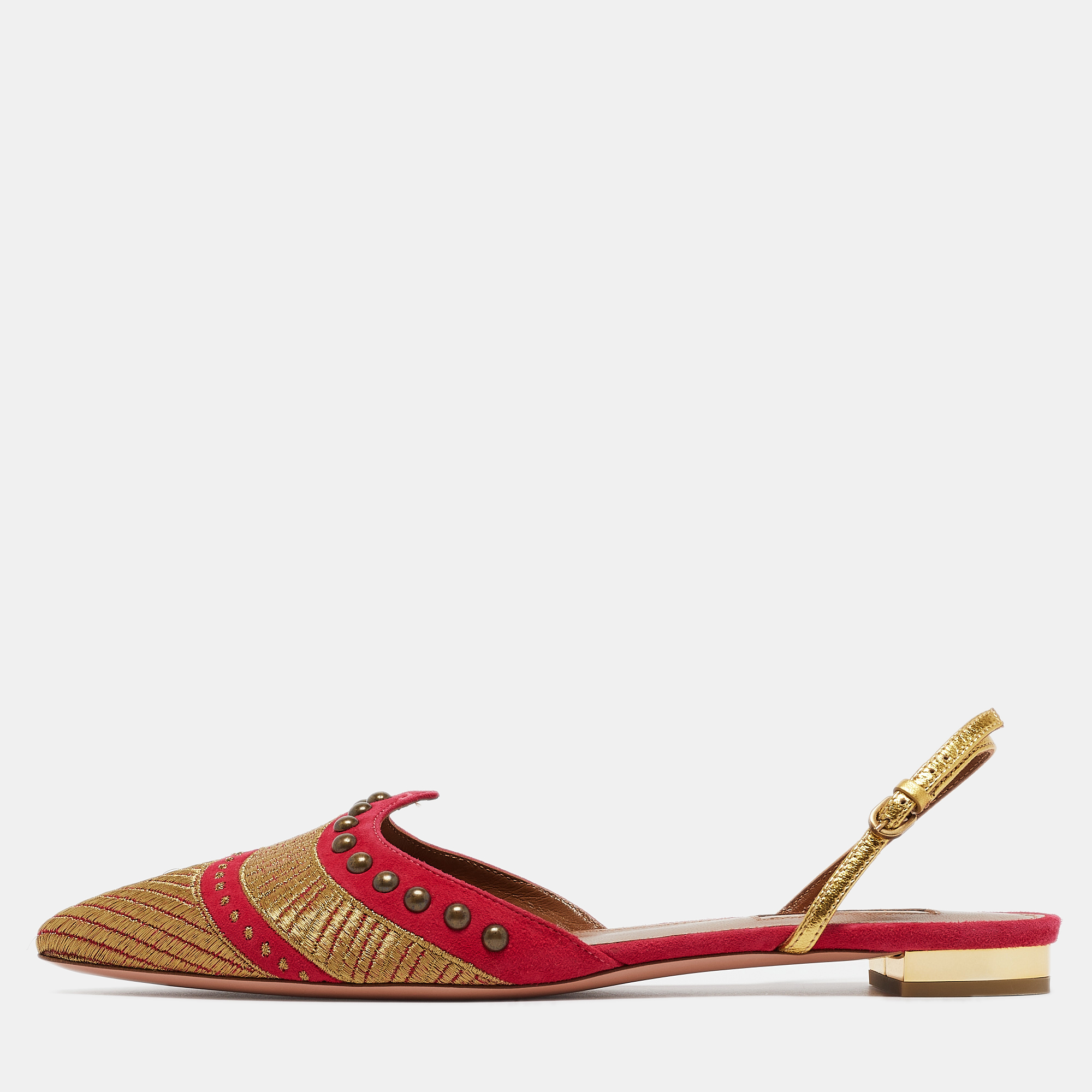 Aquazzura pink/gold suede and leather marrakech slingback flats size 38