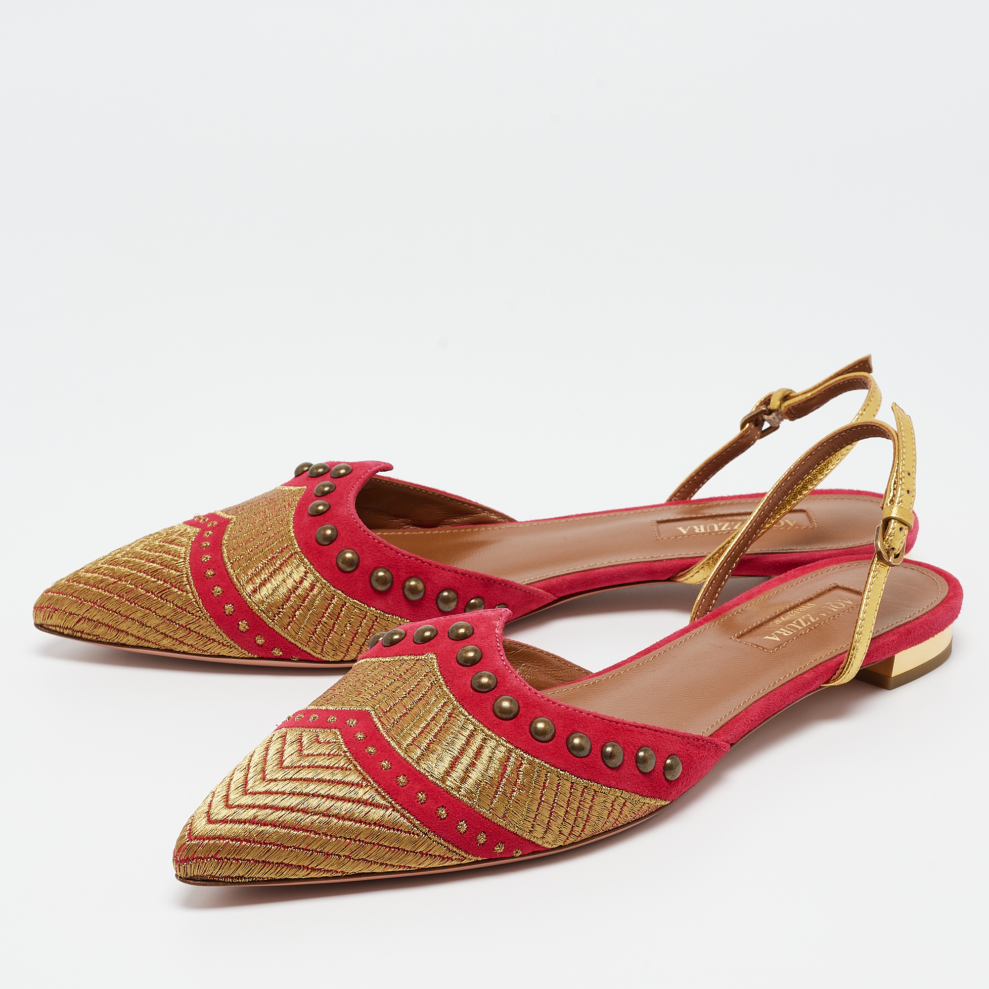 Aquazzura Pink/Gold Suede And Leather Marrakech Slingback Flats Size 38