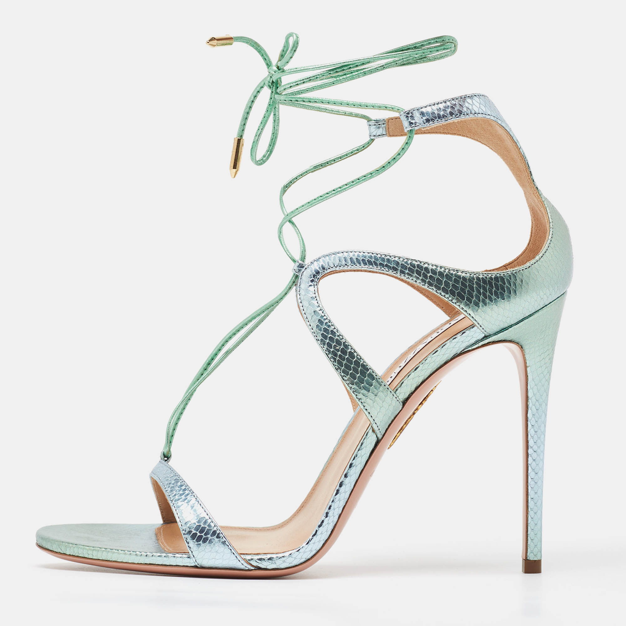 Aquazzura green/silver python embossed leather ankle strap sandals size 40
