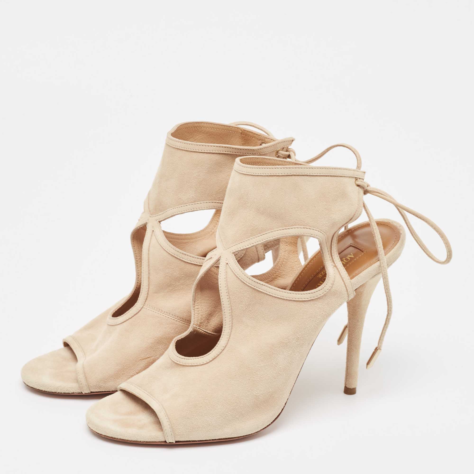 Aquazzura Beige Suede Ankle Wrap Sandals Size 39.5