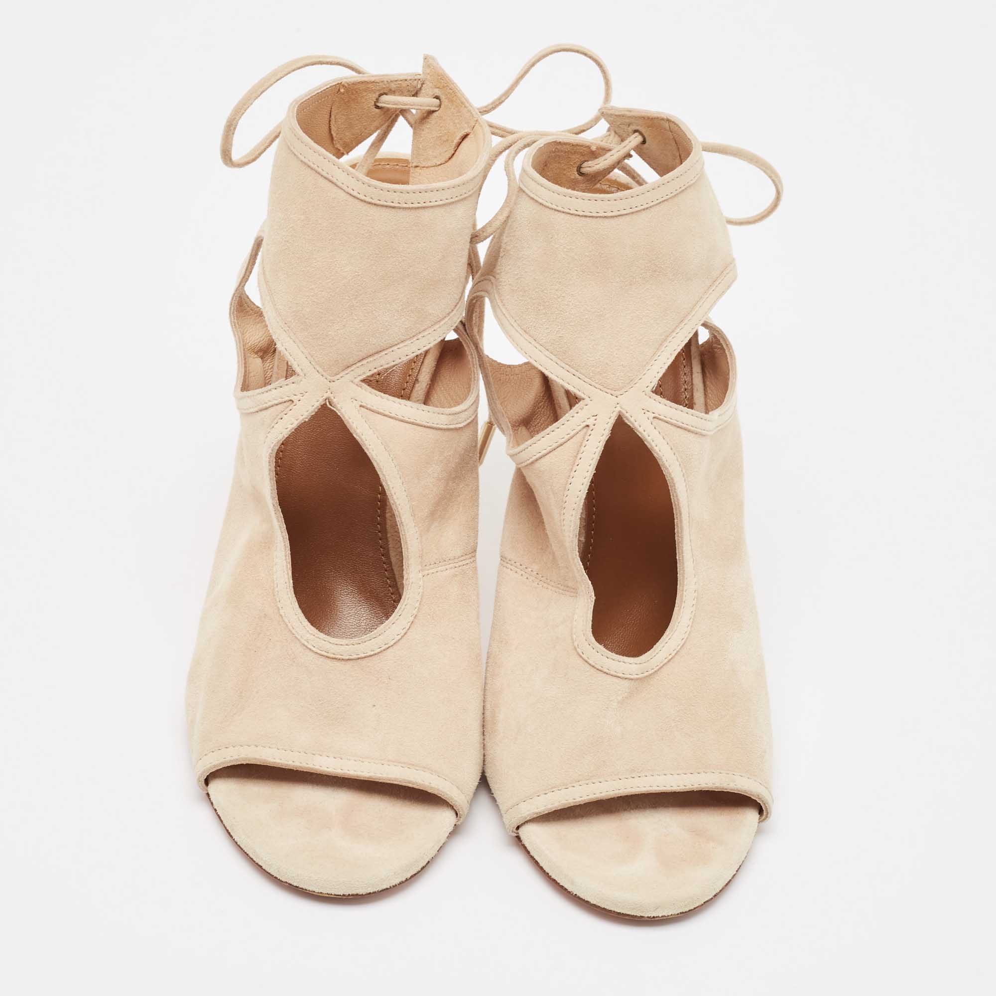 Aquazzura Beige Suede Ankle Wrap Sandals Size 39.5