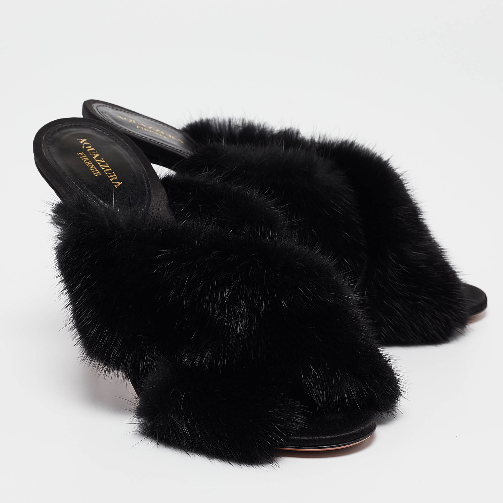 Aquazzura Black Mink Fur Slide Sandals Size 37